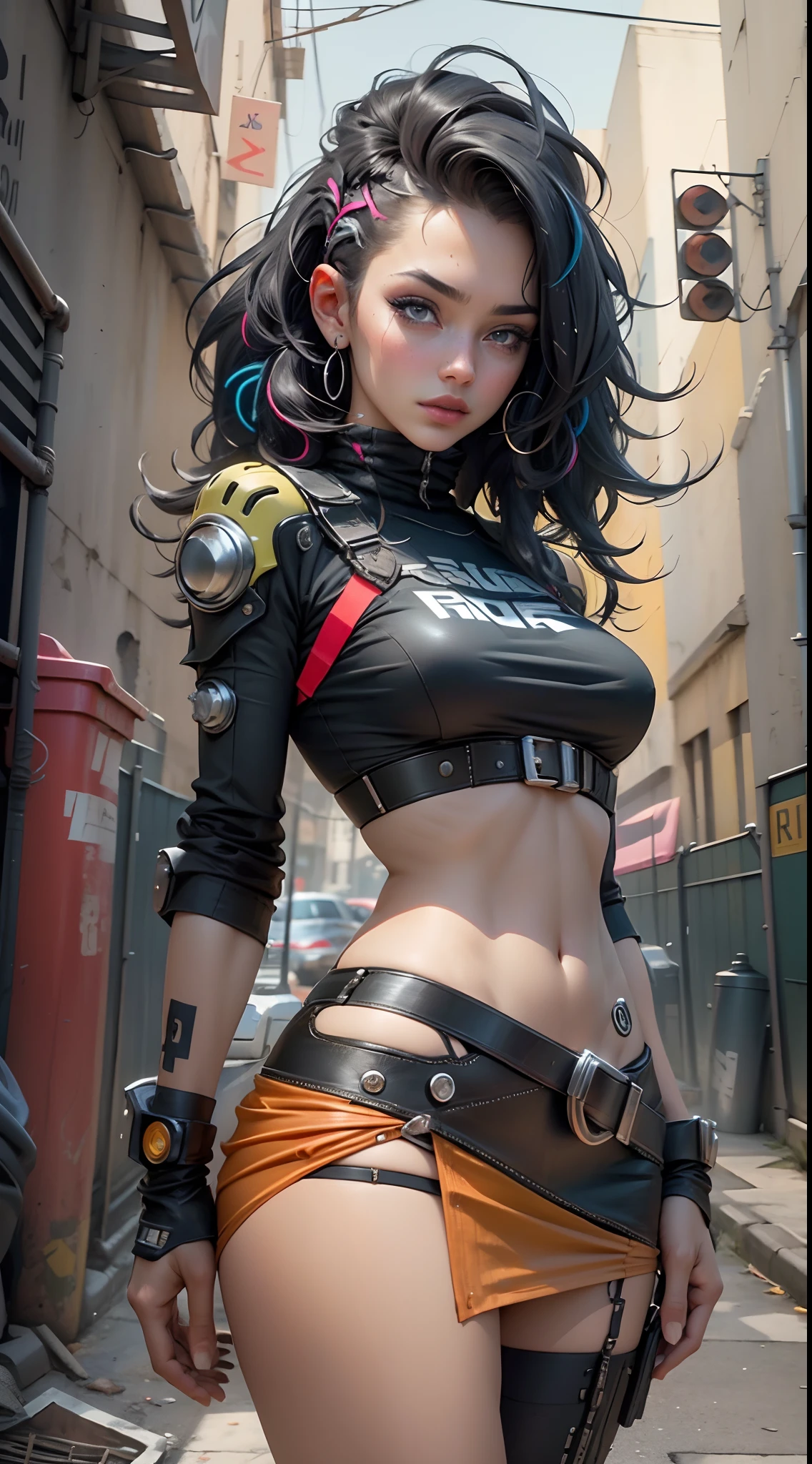 motor irreal:1.4,CG ultra realista 64K, fotorrealista:1.4, textura de la piel:1.4, obra maestra:1.4,Hermosa mujer con sombrero de pelo largo、Ropa corta estilo cyberpunk color amarillo, pantimedias red , mini skirt blue,