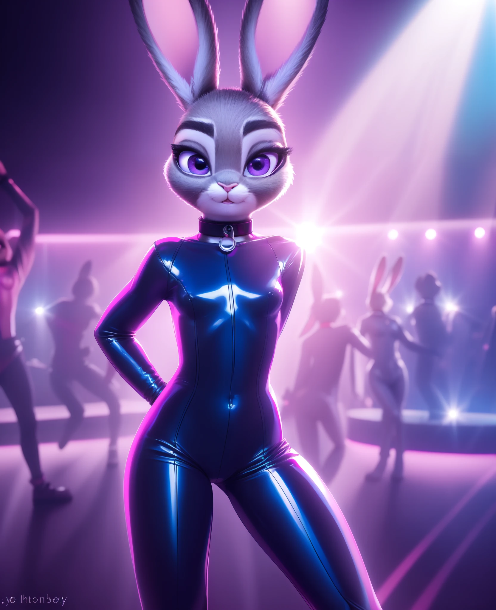 female, (Detailed face), (solo:1.1), (more details:1.1), ((anthro, humanoid)), [(thin:1.1) : small petite : (Judy rabbit:1.2):4], (Detailed face), (anthropomorphic legs, anthropomorphic hands:1.1), (solo), small breasts, tight latex gimpsuit, dancing in nightclub, leather collar, light rays, complex detail