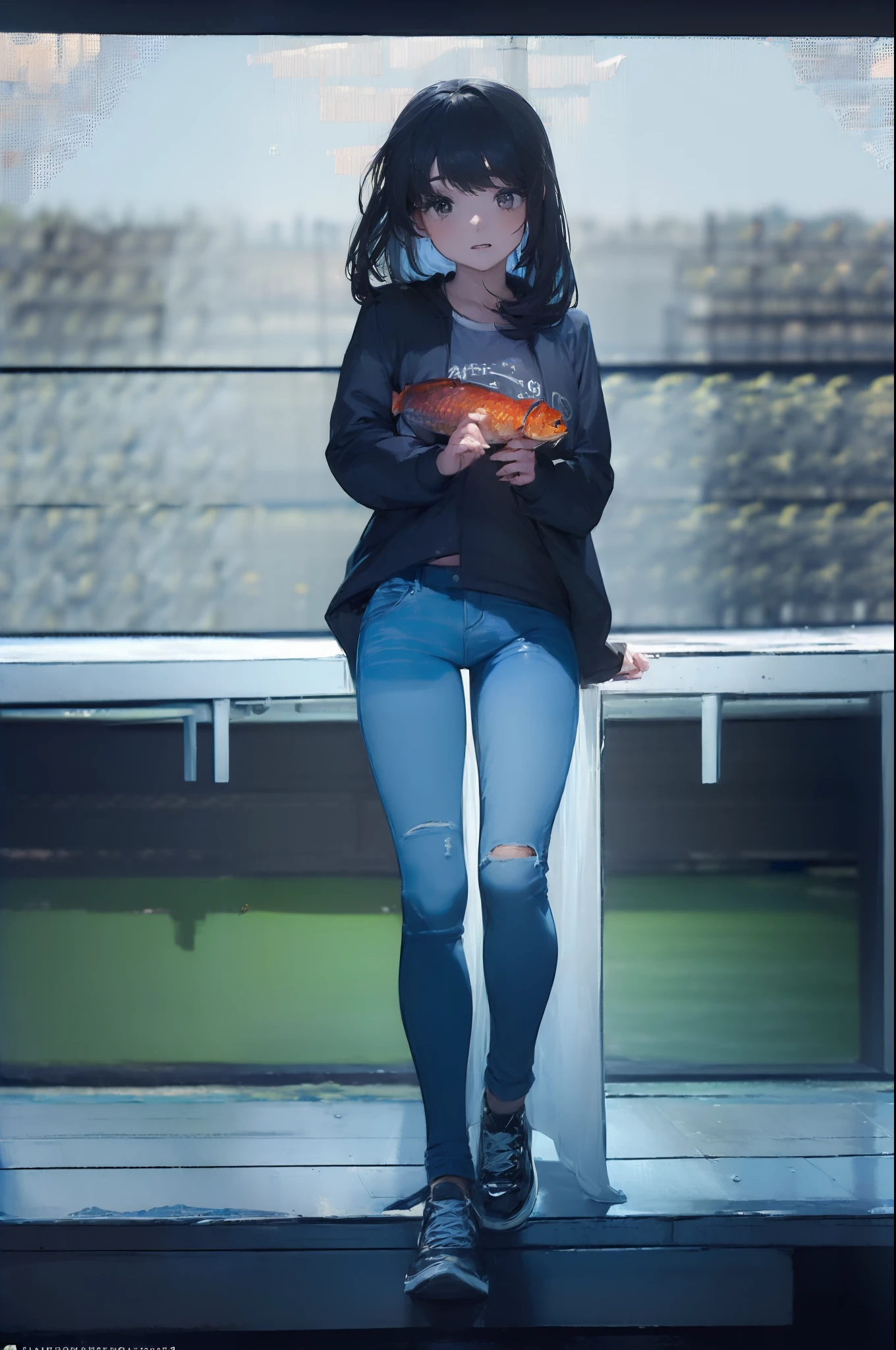 ((((Catch big fish by the lake:1.5)))),((Female 28 years old)),((Best Quality:1.5)),(((Hands with the correct number and structure of fingers:1.4))),((Big fish:1.37)),hight resolution,ultra-detailliert,​masterpiece,best qualtiy,(Eight-headed body),Black hair, long eyeslashes, Solid Circle Eyes, drop shadow, Atmospheric perspective,Super Detail, ccurate, small brest,(Black jacket and black jeans :1.1),top-quality, Bokeh landscape:1.2, (​masterpiece:1.3),  Atmospheric perspective,dynamic compositions,