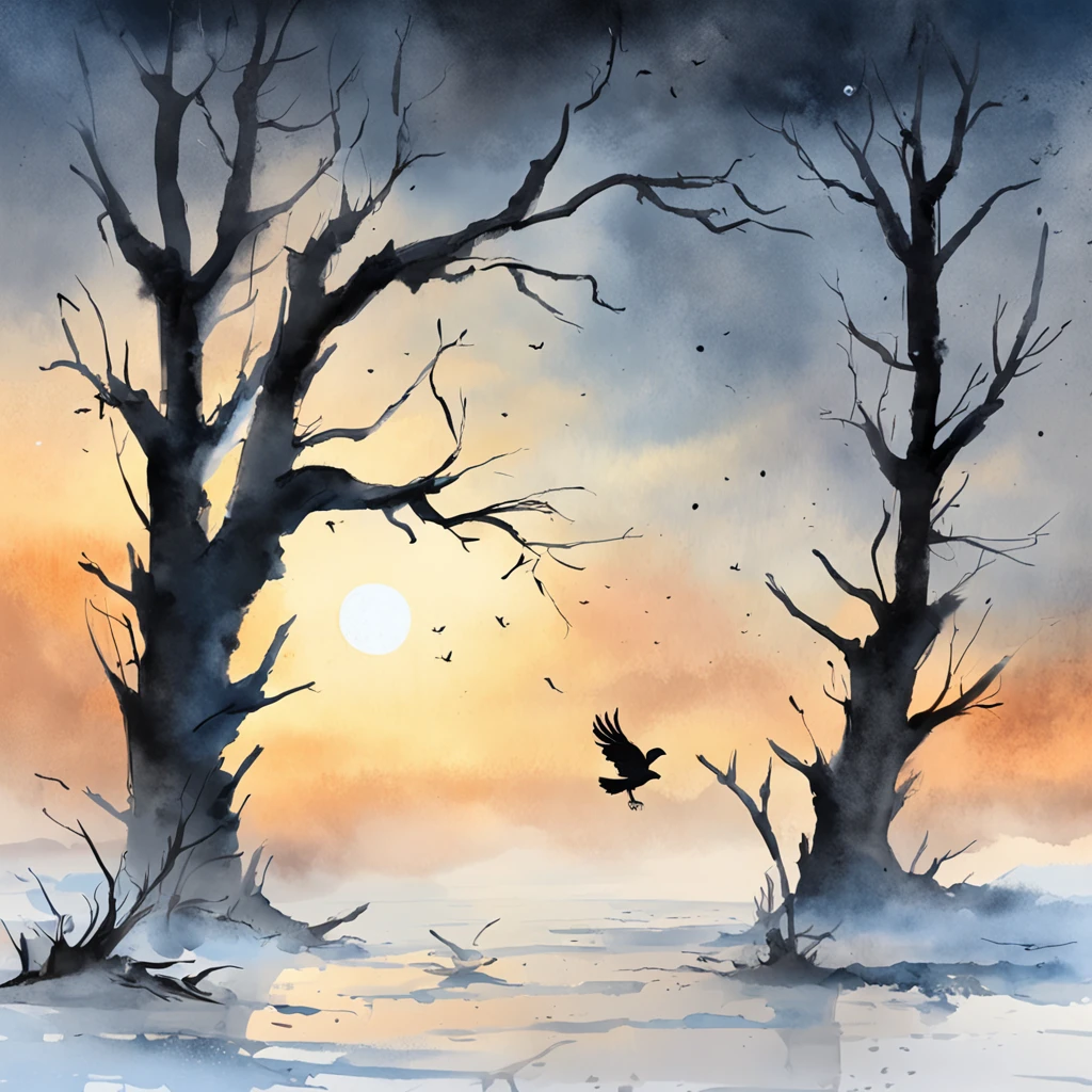Two crows on a dead tree, A shadow shaped like a walker, Starry night, Thick fog on the ground, Blue light on the horizon, Unreal Engine 5, Cinematic, low angle photography, Motion blur, Depth of field, Dust, Cobblestones and dirt. Splash Art, dripping paint. Perfect color grading. Influenced by Karel Appel and Jeremy Mann, Full of dramatic and threatening scenes, Hyper-detailed, Beautiful, insanely details, Intricate details, editorial photography, shot with a 50mm lens, Depth of field, Tilt Blur, Shutter speed 1/1000, f/22. Lightmaps, Super bright