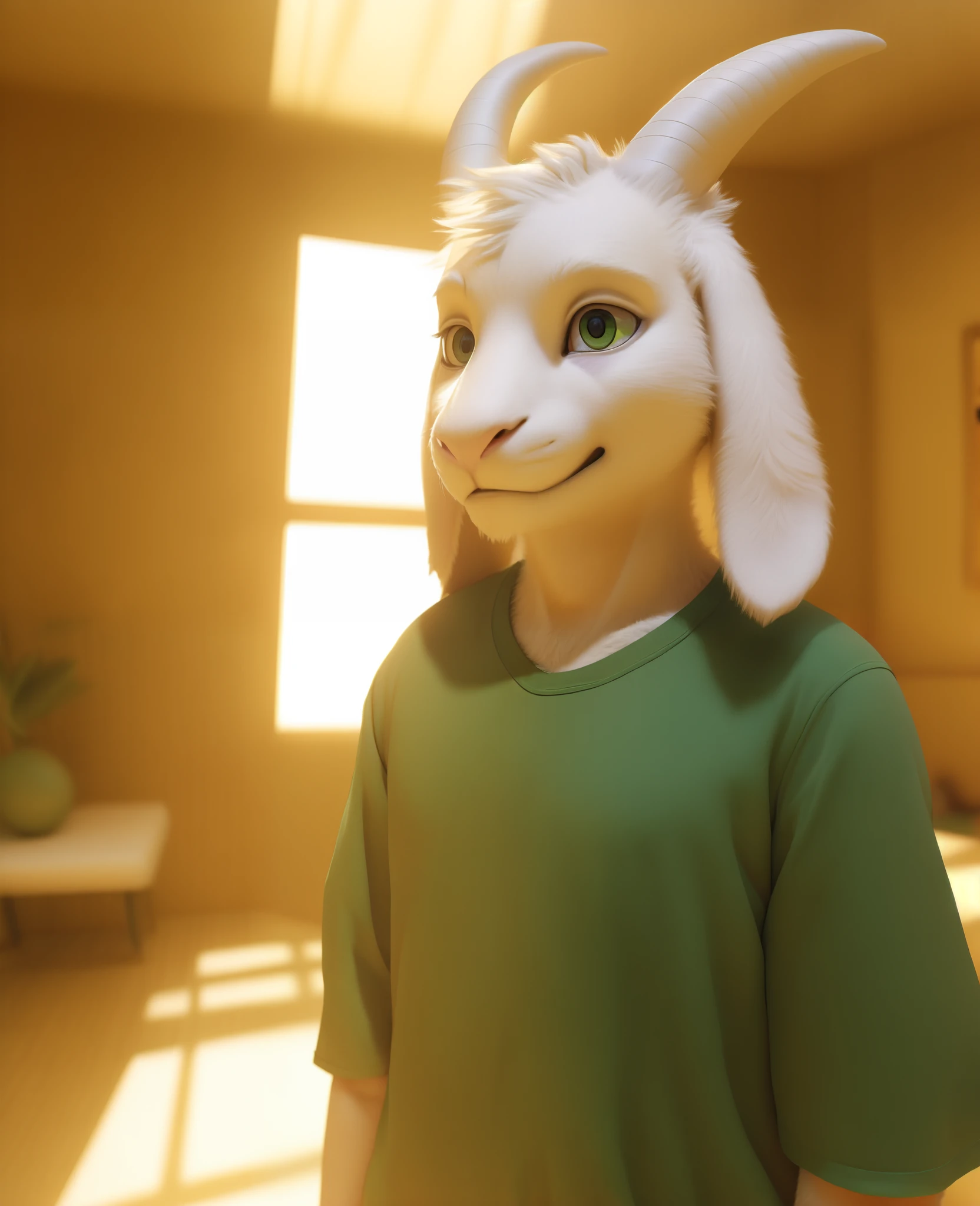 solo, mammal, 1boy, photo of a real life, (green t-shirt, brown pants, yellow stripes), fluffy, soft lighting ,(detailed fluffy fur:1.1), ((((realistic lighting, high quality, detailed face, ray traced, masterpiece, global illumination, photo, photorealism, hyper real)))), ( green round shine eyes), ((Asriel)), anthro, goat, paws, full body, child, anthro,