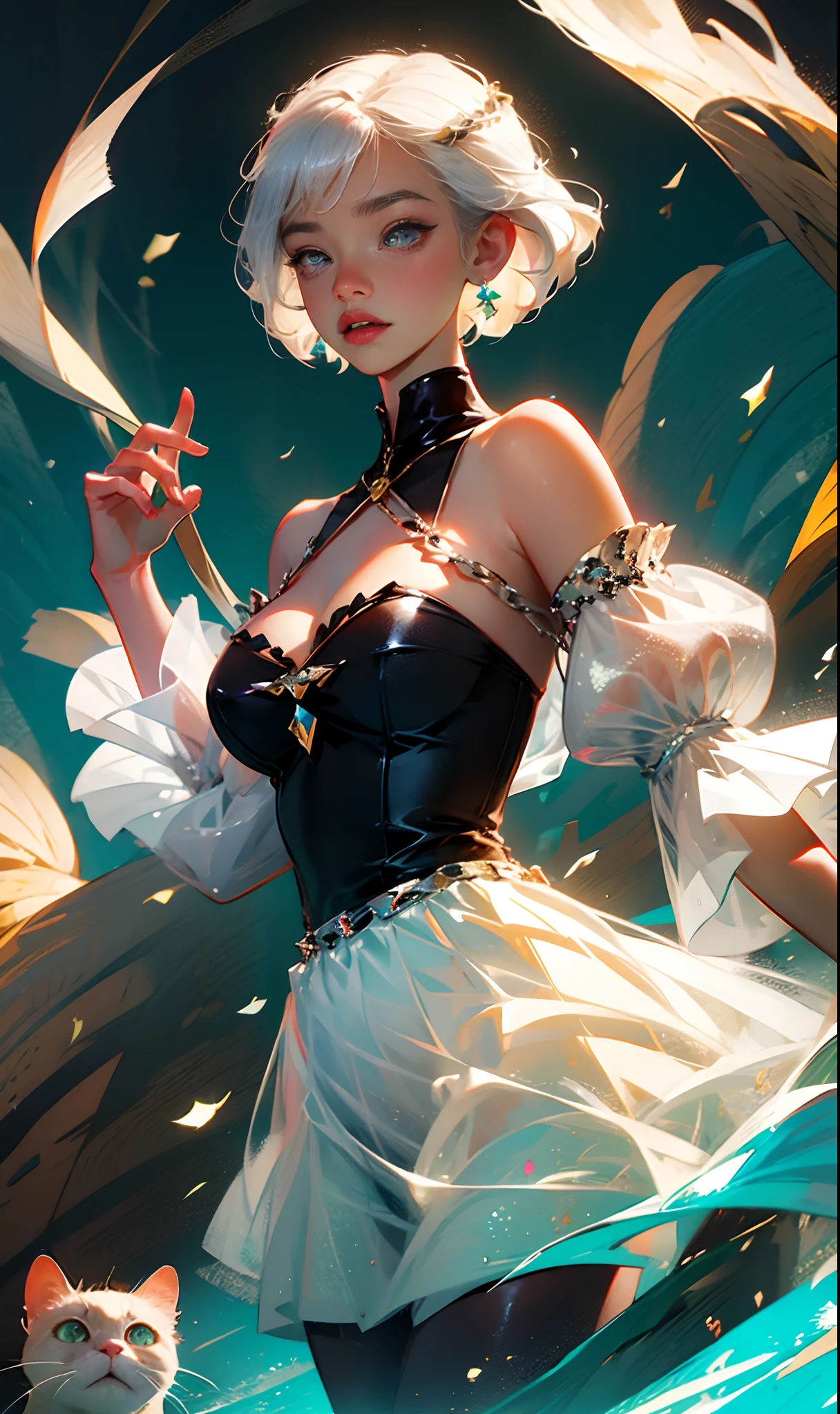 masterpiece, best quality, mesugaki, short hair, silver hair, straight hair, cat hair ornament, huge breasts, grinding,
