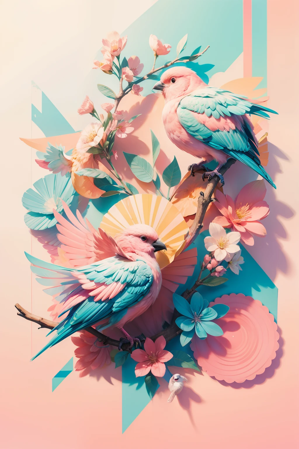 Two birds in pink and sky blue, paper art, vector t-shirt art ready for print colorful pink sherbet-orange and sky-blue graffiti illustration of love birds, side perspective, action shot, vibrant color, high detail, off-white background