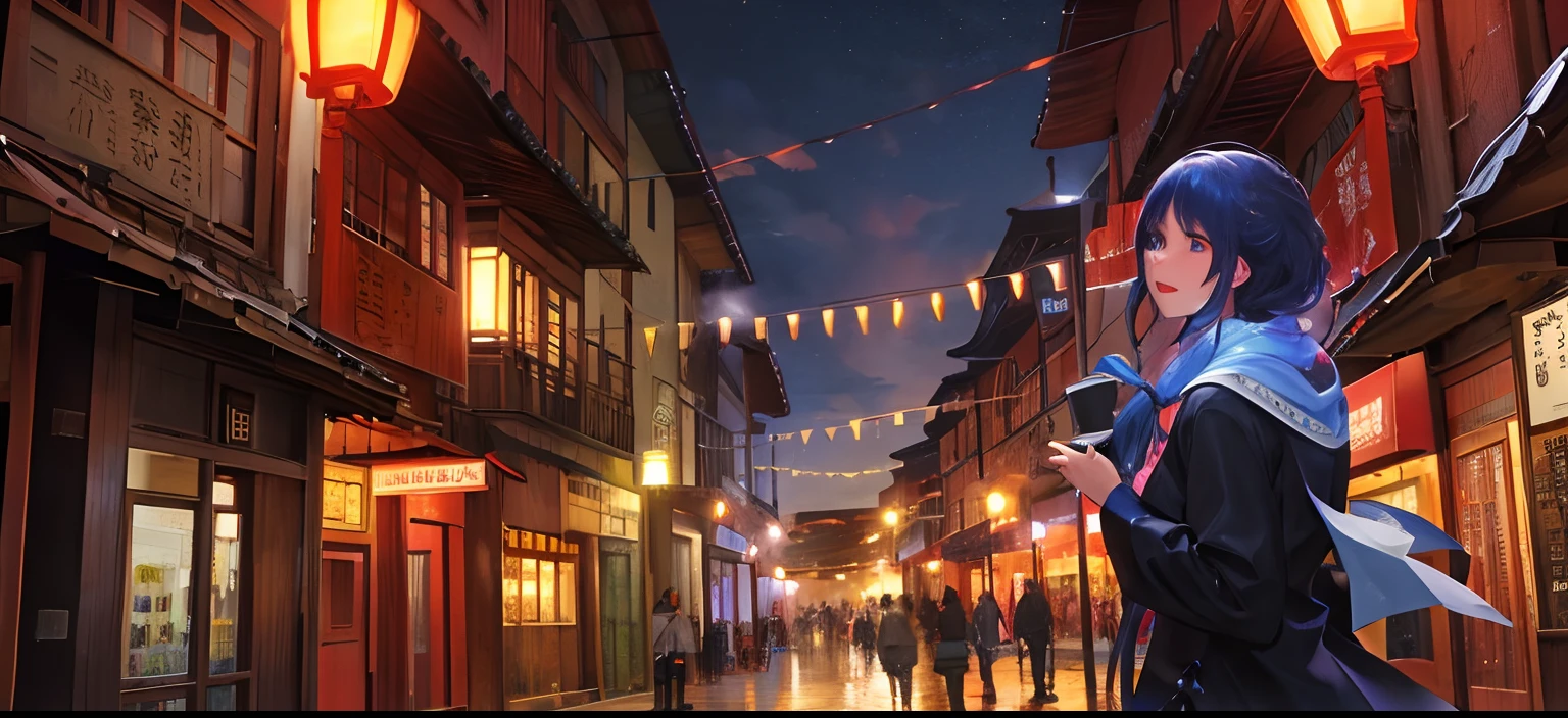 Foto ultra realista de uma cidade estilo chinesa tradicional nas montanhas a noite com muitas luzes, chuva forte, mistborn