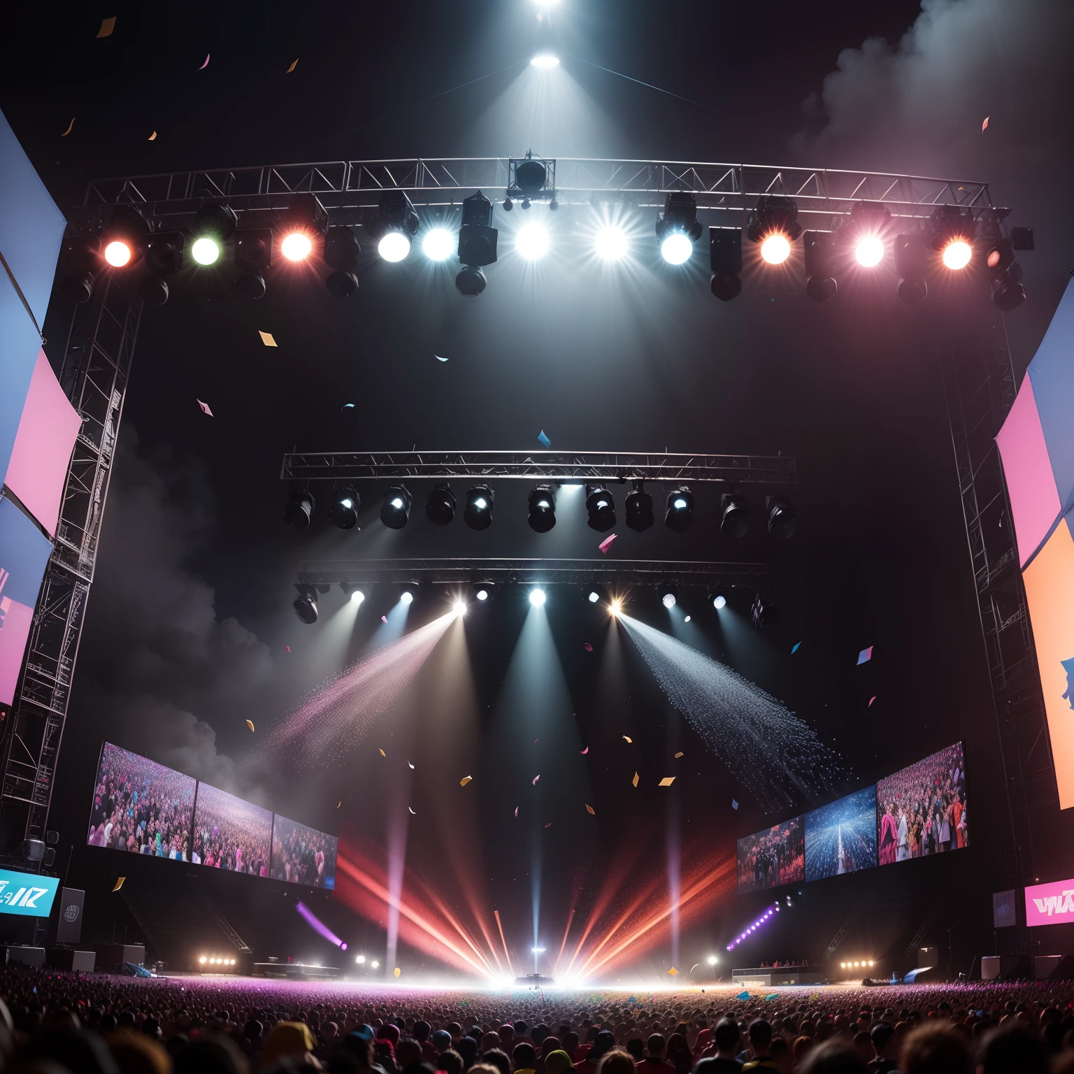 Ultra realistic 4k photo with a group of artists performing on a stage at a festival during the day with confetti falling from the sky