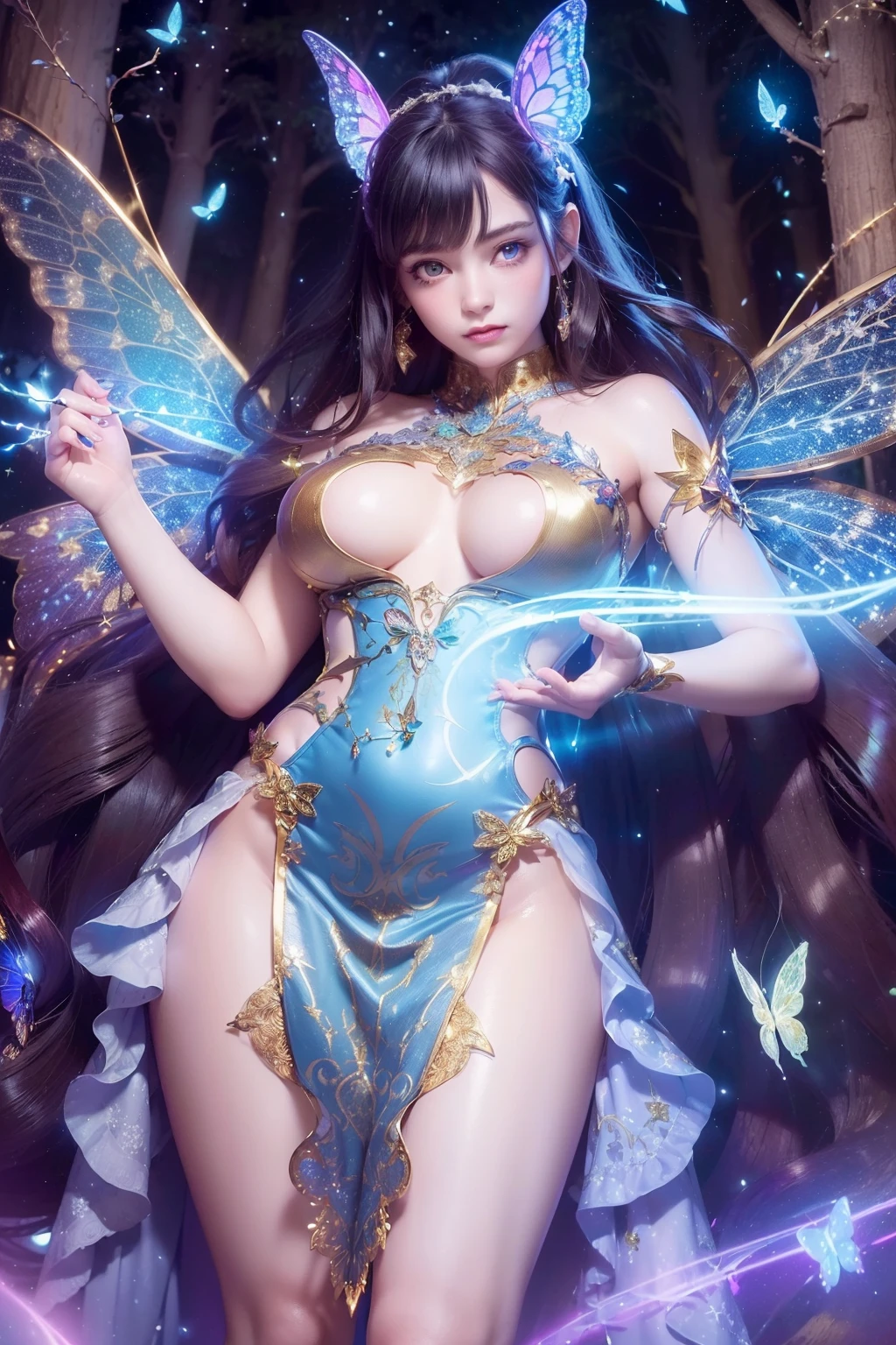(Fairy with radiant eyes, Moonlight Butterfly, diffuse reflection, body emitting a full-body glow, maximalism, scattered glitch pixels, intricately designed vibrant fairy attire:1.2), (Moonlight Butterfly, Diffuse reflection, maximalism, intricately designed goldwork, shining metallic latex, overly exaggerated branches of the grand tree, overly exaggerated grand tree, luminescent wood of the grand tree:1.3), (masterpiece:1.3), (illustration:1.1), (best quality:1.1), (best aethetic:1), (beautiful art:1.2), (ultra-detailed:1.2), (8k), (HDR), (sharp focus), (intricate),neon lights, red light, blue light, green light, purple light,Magic Circle