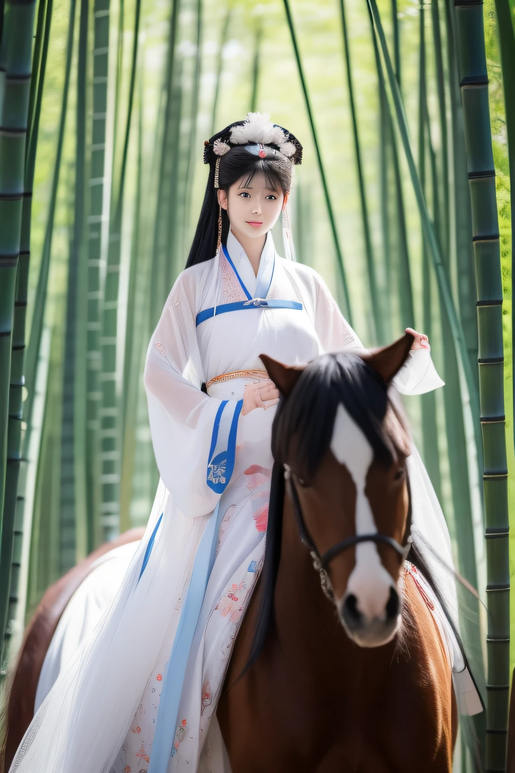 A woman dressed in traditional clothing rides a horse through a bamboo forest, Hanfu, Palace ， A girl in Hanfu, White Hanfu, Wuxia, full-body wuxia, Wearing ancient Chinese clothes, xianxia fantasy, with acient chinese clothes, Chinese costume, Anime girl cosplay, Chinese style, Chinese fantasy, Chinese traditional, Traditional Chinese clothing