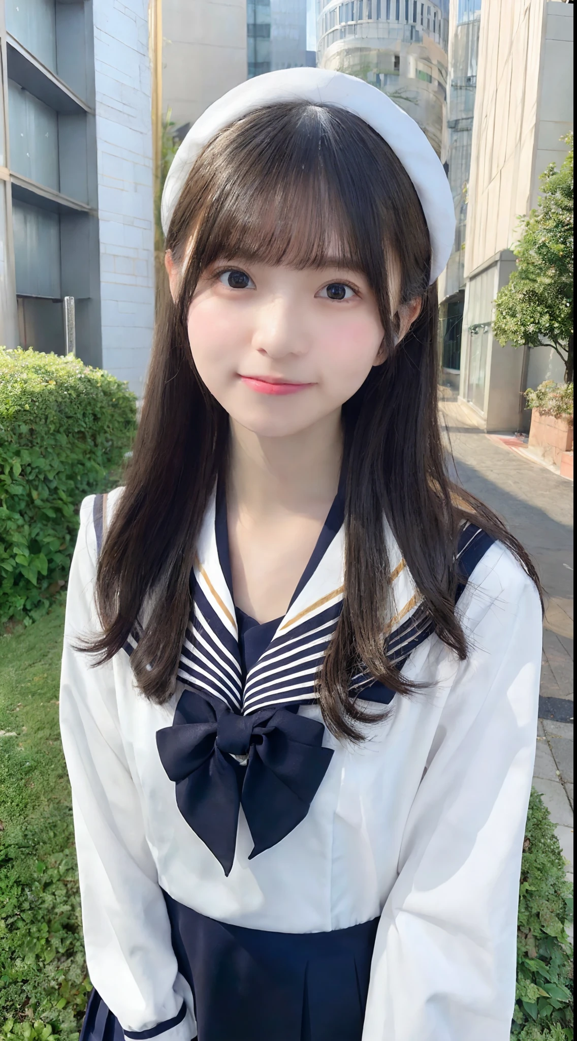 mix4, (8K, Raw photography, Top image quality, masterpiece: 1.45), (realisitic, Photorealsitic: 1.37), one girls, cute little, A city scape,, profetional lighting, photon maping, Radio City, physically-based renderingt, Gradient black hair,, a handsome, girl with, (((student clothes、Sailor suit with few lines、a miniskirt、No stripes on tie))), Top Quality Photos, hight resolution, 1080p, (clearface), (Detailed face description), (Detailed hand description), (masterpiece), (Exquisite CG)、extreme light and shadows、dishevled hair、master work、abundant detail、(Fine facial features)、(top quality photo)、(masuter piece)、(A detailed eye)、Look in front of you、Fine clavicle、((Slender big))、((White beret)))、((Cute idol system))、((School Grounds))、(Shooting from random perspectives)、(((Anyway cute)))、耳Nipple Ring、A big smile、Drawing the whole body from the knees、Do not draw nasolabial folds、(((Holding a leather student bag in both hands)))、Big breasts that stand out from the top of clothes、
