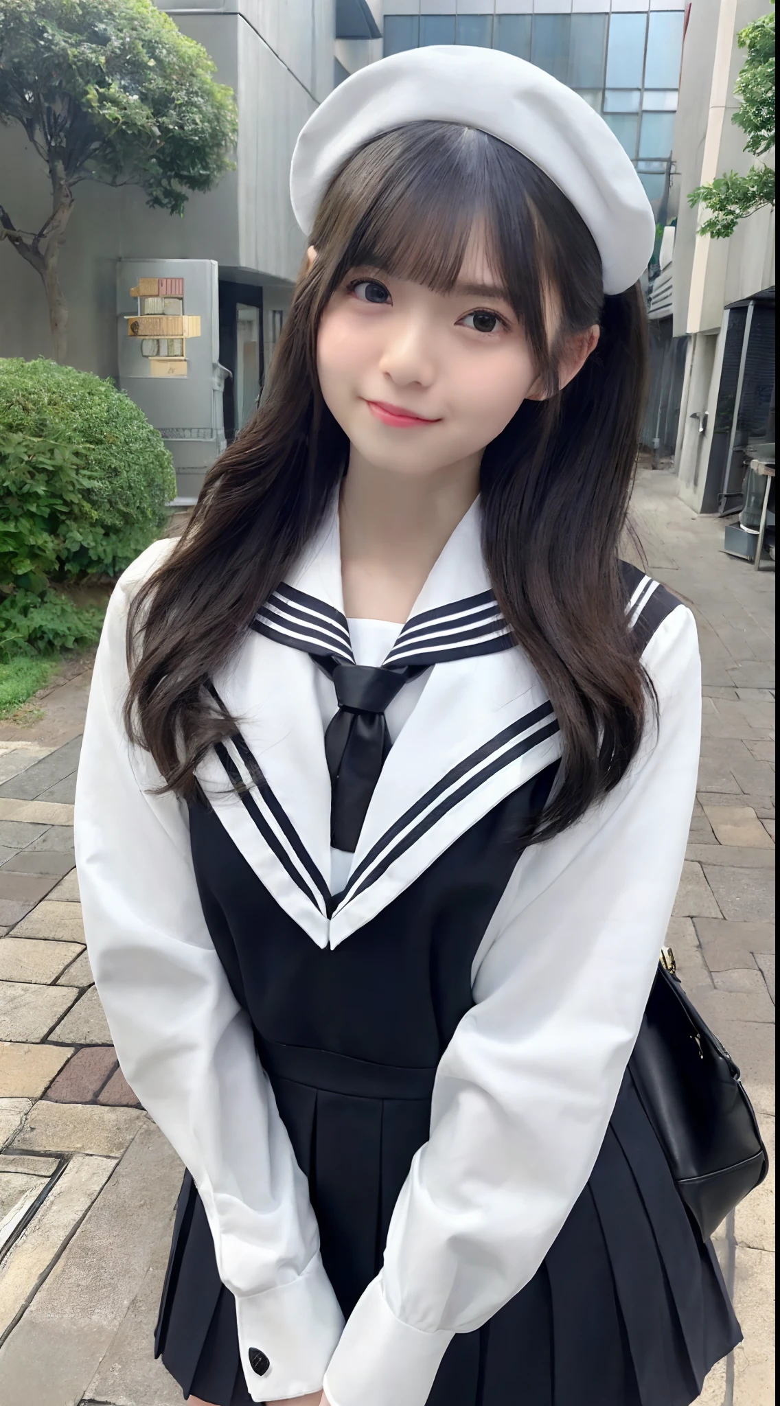 mix4, (8K, Raw photography, Top image quality, masterpiece: 1.45), (realisitic, Photorealsitic: 1.37), one girls, cute little, A city scape,, profetional lighting, photon maping, Radio City, physically-based renderingt, Gradient black hair,, a handsome, girl with, (((student clothes、Sailor suit with few lines、a miniskirt、No stripes on tie))), Top Quality Photos, hight resolution, 1080p, (clearface), (Detailed face description), (Detailed hand description), (masterpiece), (Exquisite CG)、extreme light and shadows、dishevled hair、master work、abundant detail、(Fine facial features)、(top quality photo)、(masuter piece)、(A detailed eye)、Look in front of you、Fine clavicle、((Slender big))、((White beret)))、((Cute idol system))、((School Grounds))、(Shooting from random perspectives)、(((Anyway cute)))、耳Nipple Ring、A big smile、Drawing the whole body from the knees、Do not draw nasolabial folds、(((Holding a leather student bag in both hands)))、Big breasts that stand out from the top of clothes、