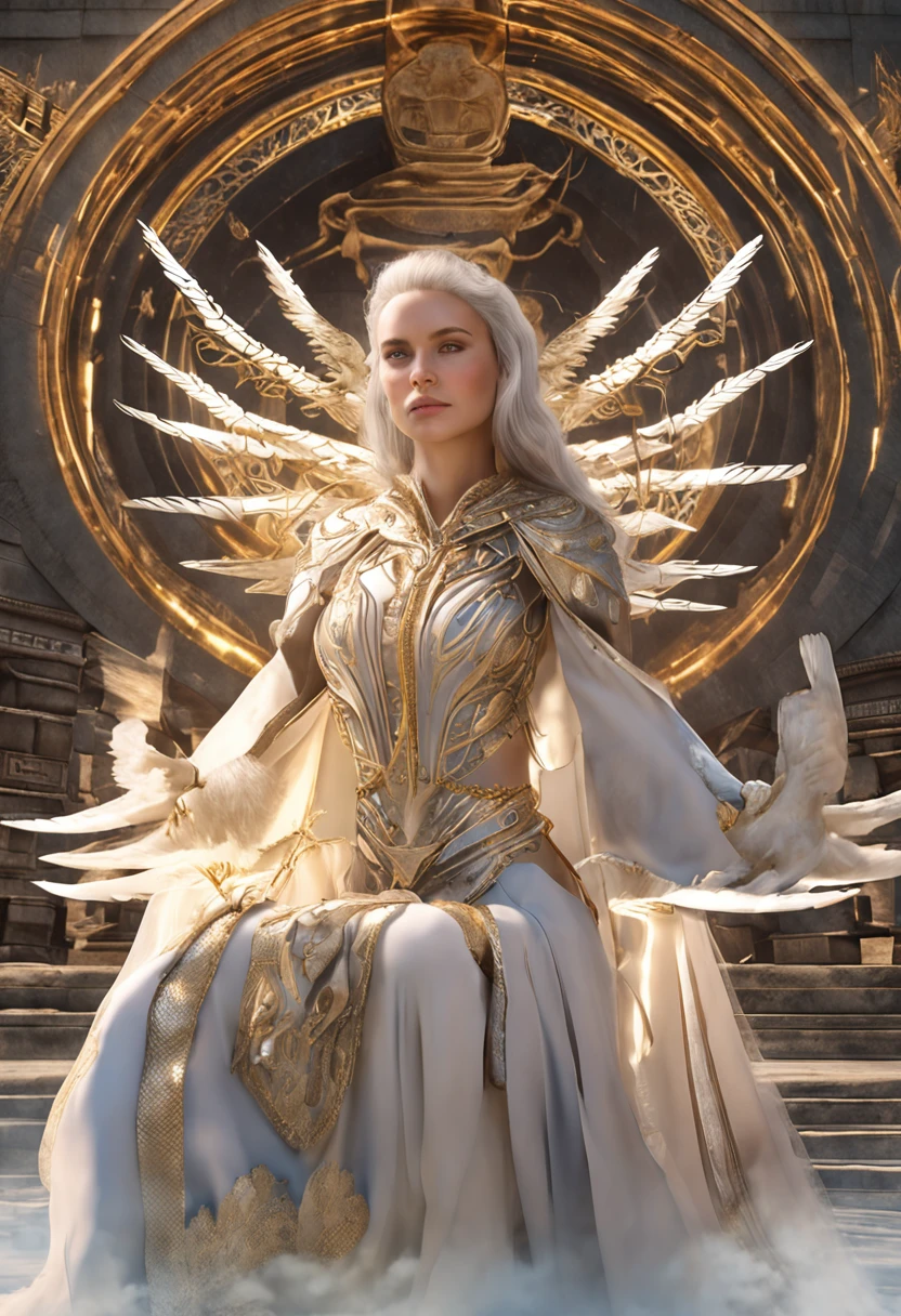 (Numerous award-winning masterpieces of, With incredible details, textures and maximum detail), (Ultra photo realsisim:1.4), (Realistic:1.3), (The highest quality skin real texture), (Fine true circle Symmetrical eyes), finerly detailed face, ((medieval world)), ((Thunder Angel of the Lord)), ((The Lord's Lightning Angel)), (Burning bright golden eyes), (She has a mischievous smile on her face), (Eyes that glow golden in the dark:1.8), (A pair of golden eyes，An intense golden glow emanates from the inside:1.7), Bio-luminescence, (full-body standing image:1.8), (Lightning and strong winds swirl in the background), (Dramaticlight), (A majestic sight), (His face is gentle and handsome, but somehow terrifying), Glass earrings on the ears, (Dramatic photo:1.7), (tempting pose), ((dramatic pose)), (Photos are luxurious), (golden hair), (silber hair), (brown  hair), short detailed hair, ((Search up)), ((looking down below)), (Around her neck hangs a delicate simple necklace), (Bioluminescence with bright brightness:1.1), (Use gorgeous lightning magic:1.4), (Thunder and Lightning), The Lord's Basilica, The Great Sanctuary of the Lord, great temple, grand cathedral, Temple ruins, Featured temples, (Luminous magic circle), Ancient Castle Site, Lots of bright and majestic clouds and sky, Rays, epic realistic, faded, Artistically, (greg rutkovsky:0.8), (Teal and orange:0.4), (Artie Station:1.5), cinematic ligh, ((com cores neutras)), (hdr:1.5), (pastel colour:1.2), ultra - detailed, Dramaticlight, (intricately details:1.1), Complex background,