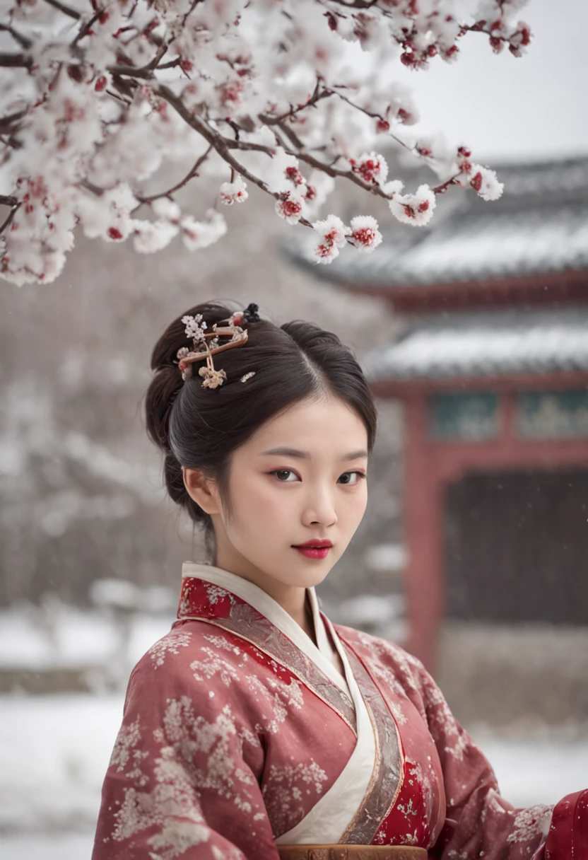 (Blurred foreground:A large number of snowflakes fell from the sky:1.8,),(A large number of plum blossoms fell from the sky:1.6),(Chinese Song Dynasty beauty dancing in skirt),(anatomy correct,Korean star face,The hands and face are very delicate and clear),(Stand in the middle of a quaint courtyard,Plum tree,Chinese elements,Winter clothing),(wide angles,Ultra HD details,Masterpiece, hyper HD, Super detail, High details, Best quality, A high resolution, Award-Awarded, 8K),(Chinese premium color scheme,电影灯光)
