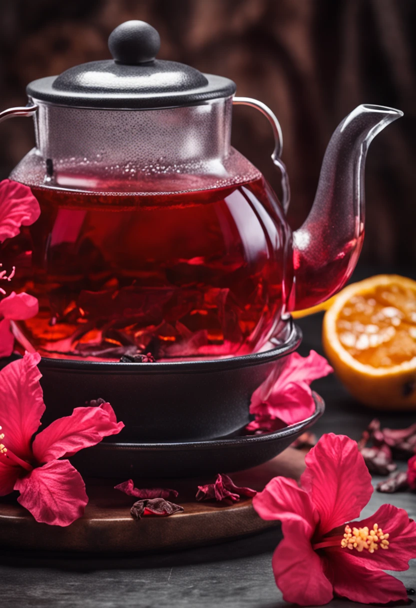 black tea pot with glass red hibiscus tea on the table background dropdown flower