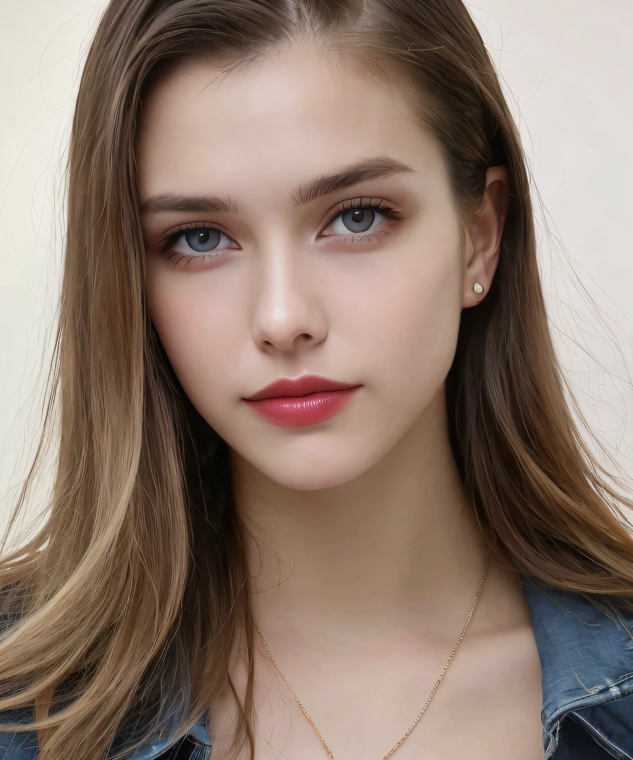 Fashion model 25 years old, [Close-up]]]], [[Chest]]]], [Neck]]]], [Shoulder]]]], perfect eyes, perfect iris, perfect lips, perfect teeth, perfect skin, soft front light, glow, HDR, (muted colors: 1.2)