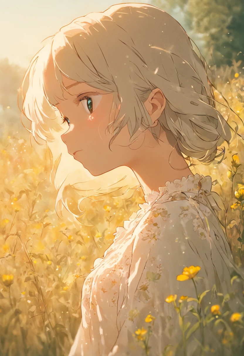 Photo photo semi close portrait of a curious woman Vintage 60's nostalgia, golden hour, Vogue Haute Couture, 35mm portrait of a woman in a modest white lace dress wondering in a field of wildflowers. couleur chaude. vif. Realstic. Idinsouciance joyeuse joie bokeh fond. Peaceful aesthetics. softlighting. artistic lighting. Feminine elegance. taquiner