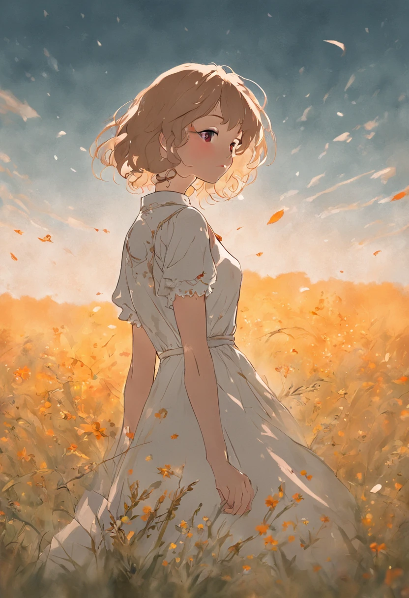 Photo photo semi close portrait of a curious woman Vintage 60's nostalgia, golden hour, Vogue Haute Couture, 35mm portrait of a woman in a modest white lace dress wondering in a field of wildflowers. couleur chaude. vif. Realstic. Idinsouciance joyeuse joie bokeh fond. Peaceful aesthetics. softlighting. artistic lighting. Feminine elegance. taquiner