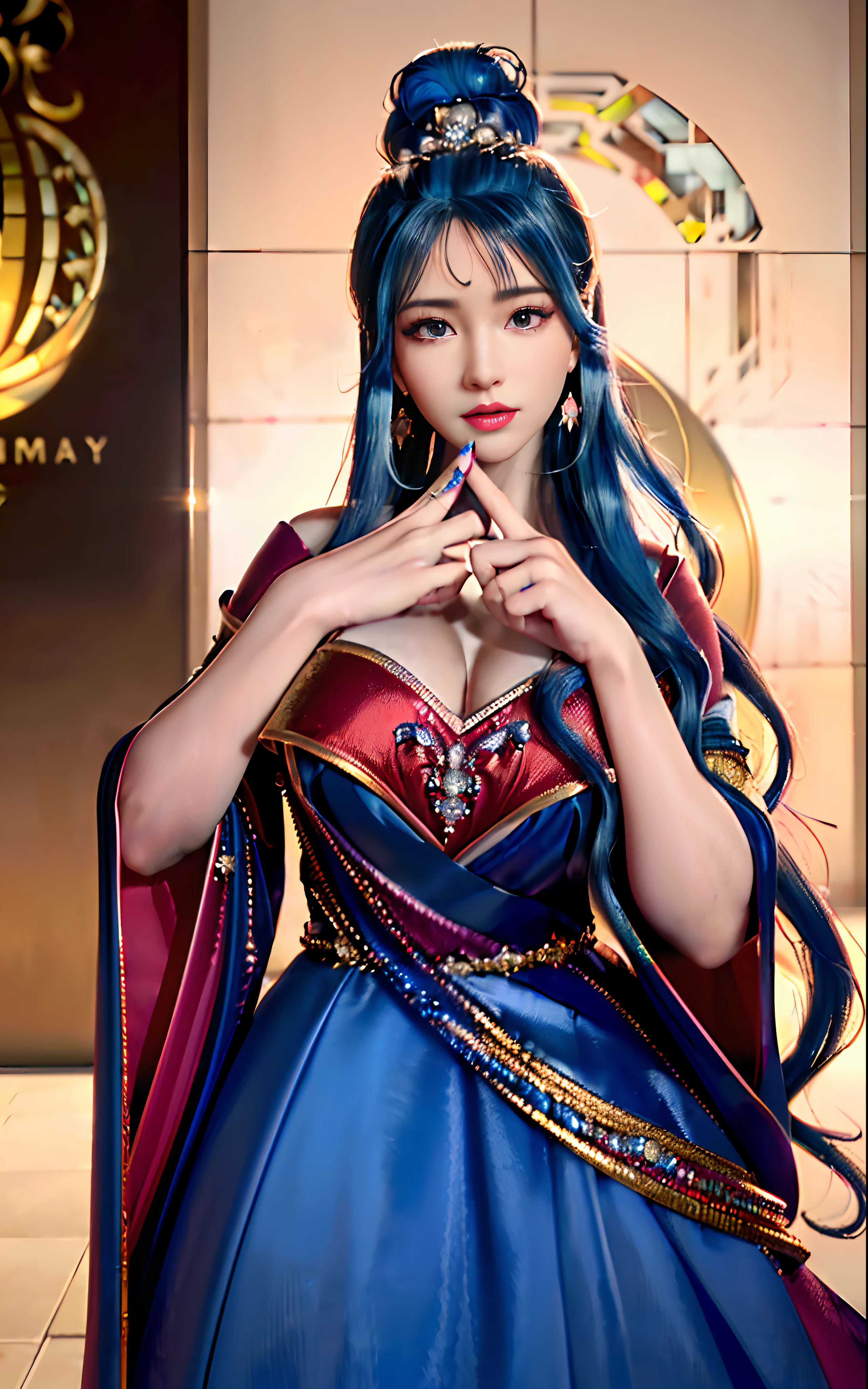 ((realisticity: 1.2)), ((realistic: 8K UHD)), ((best resolution: 8K UHD)), hyper detailed, best quality,masterpiece,highres,cg, ((1 girl hyper detailed and hyper realistic) ) , ((beautiful queen, hyper realistic and hyper detailed)),((white skin, beautiful, smooth, youthful, hyper realistic and hyper detailed )), ((Face hyper beautiful, white, hyper realistic and hyper detailed ) ), long hair, ((hyper realistic and hyper detailed dress)), solo, ((hyper realistic, hyper beautiful, beautiful and hyper detailed jewelry)), ((hyper beautiful deep red and golden yellow dress, hyper realistic and hyper detailed )) , ((Her pretty, hyper realistic, hyper detailed diamond filled earrings)), ((Her gorgeous diamond haircut, hyper realistic and hyper detailed)), ((hyper pretty upper body, hyper beautiful, hyper realistic and hyper detailed) ), ((medium breast: 1.1)), ((hyper realistic, hyper pretty, hyper detailed boobs)), ((the backgroun of the royal palace is hyper majestic, hyper realistic and hyper detailed)),((hands and palms hyper beautiful, hyper detailed, hyper realistic)), ((hyper detailed and hyper realistic fingers and fingernails)), ((hyper pretty fingernails, hyper vivid, hyper detailed, hyper realistic)), ((thumb, index finger, middle finger, ring finger, little finger hyper vivid, hyper pretty, hyper detailed, hyper realistic)),  
((hyper beautiful fingers, hyper detailed, and hyper realistic)), ((posture not too fat and not too thin, hyper realistic, hyper detail)), ((hyper pretty, hyper pretty, hyper realistic and hyper detailed hair bun)), ((hyper pretty , hyper realistic and hyper detailed blue hair)), candid, Photo, high resolution, 8k , bokeh,
