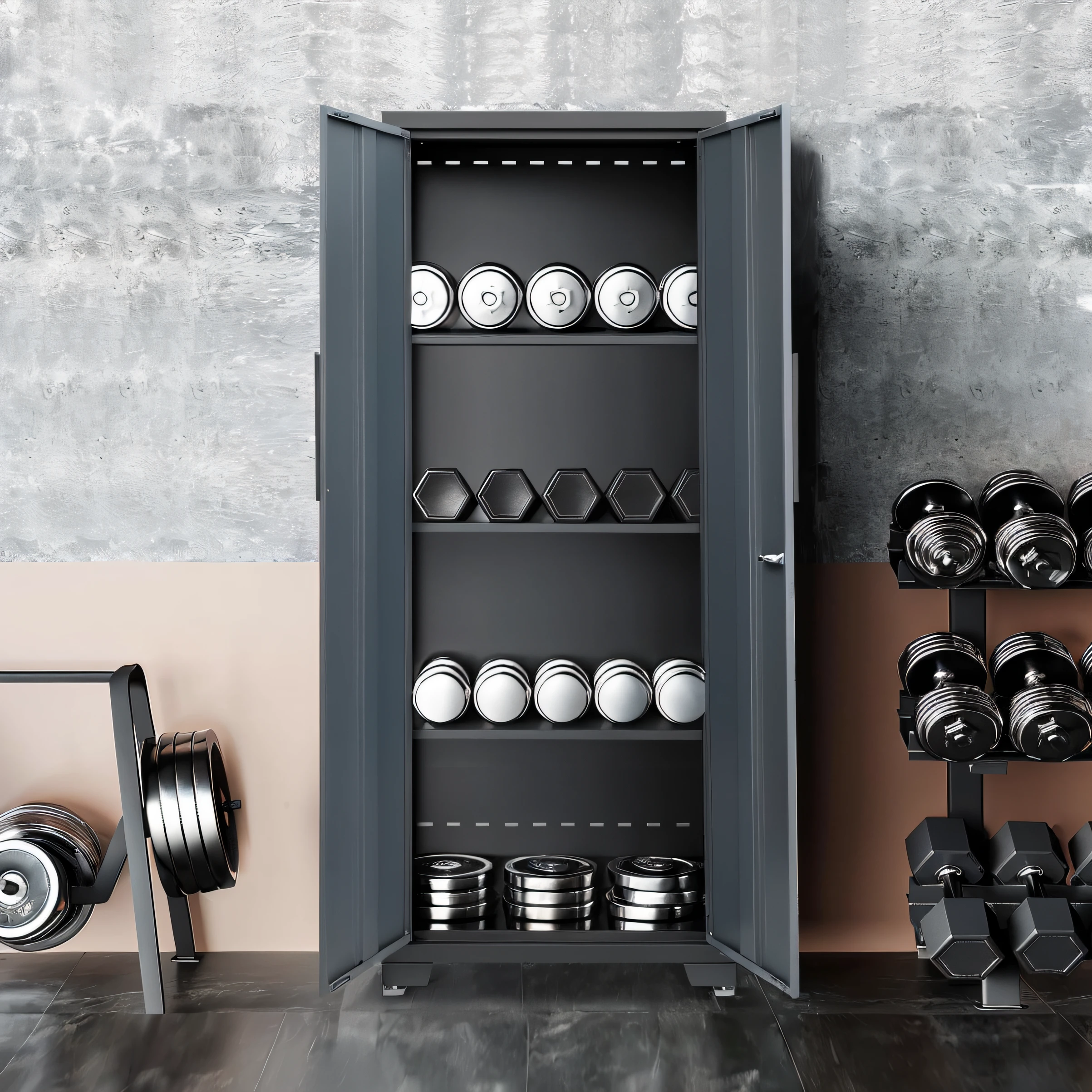 There is a metal cabinet,There is a bunch of dumbs inside, Product rendering, 3 d product render, cabinets, full bodyesbian, Full-body, steel gray body, in style of kyrill kotashev, author:Anna Katharina Bullock, author:Alexander Kosis, author:Dietmar Dammelau, high quality 3d render