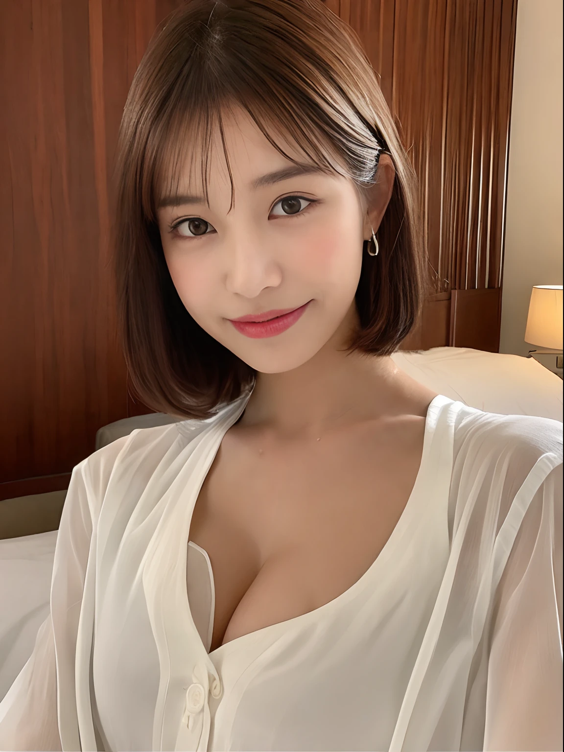 1 girl in、​masterpiece、best qualtiy、realisitic、realisitic、Smile of the light of seduction、short hair to the shoulders、enticing eyes、（small tits）、（Fancy hoodies）、（Show me your cleavage）、ighly detailed、full body Esbian、Modern hotel room、NSFW、