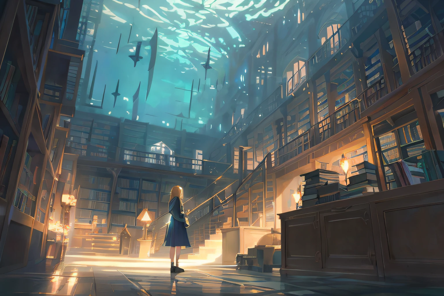 Anime scene of a woman in a library with a huge aquarium, library of ruina concept art, anime scenery concept art, Background of the Alchemist Library, beautiful anime scene, Anime Background Art, anime fantasy illustration, gothic epic library concept, by makoto shinkai, by makoto shinkai, Reflectors. by makoto shinkai, concept art stunning atmosphere