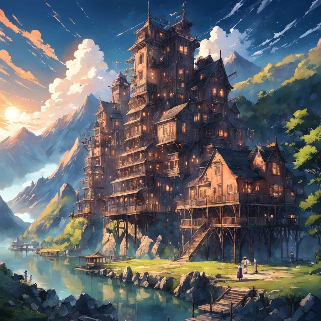 mountainous、by lake、Large space、high sky、suns、radiant light、Machine City、Steampunk element、Victorian city atmosphere、Clear lake、bucolic、
