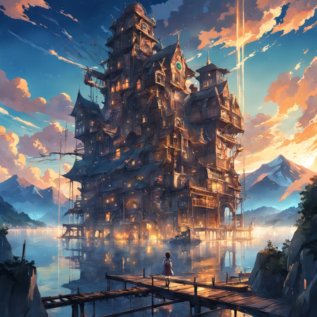 mountainous、by lake、Large space、high sky、suns、radiant light、Machine City、Steampunk element、Victorian city atmosphere、Clear lake、bucolic、