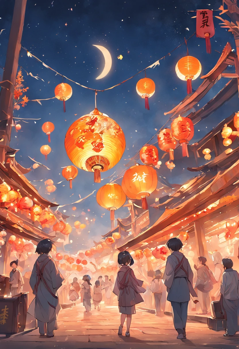 mid-autumn festival、Moon、themoon、Solar stars、Mooncake stalls、concert、band、fire works、UAVs、environment friendly、tradit、celebrating、enviroment、The villagers、Plaza、Bamboo lanterns、the night、celebrating、Artistically、device、decor、castoff、economize、resource,high definition resolution