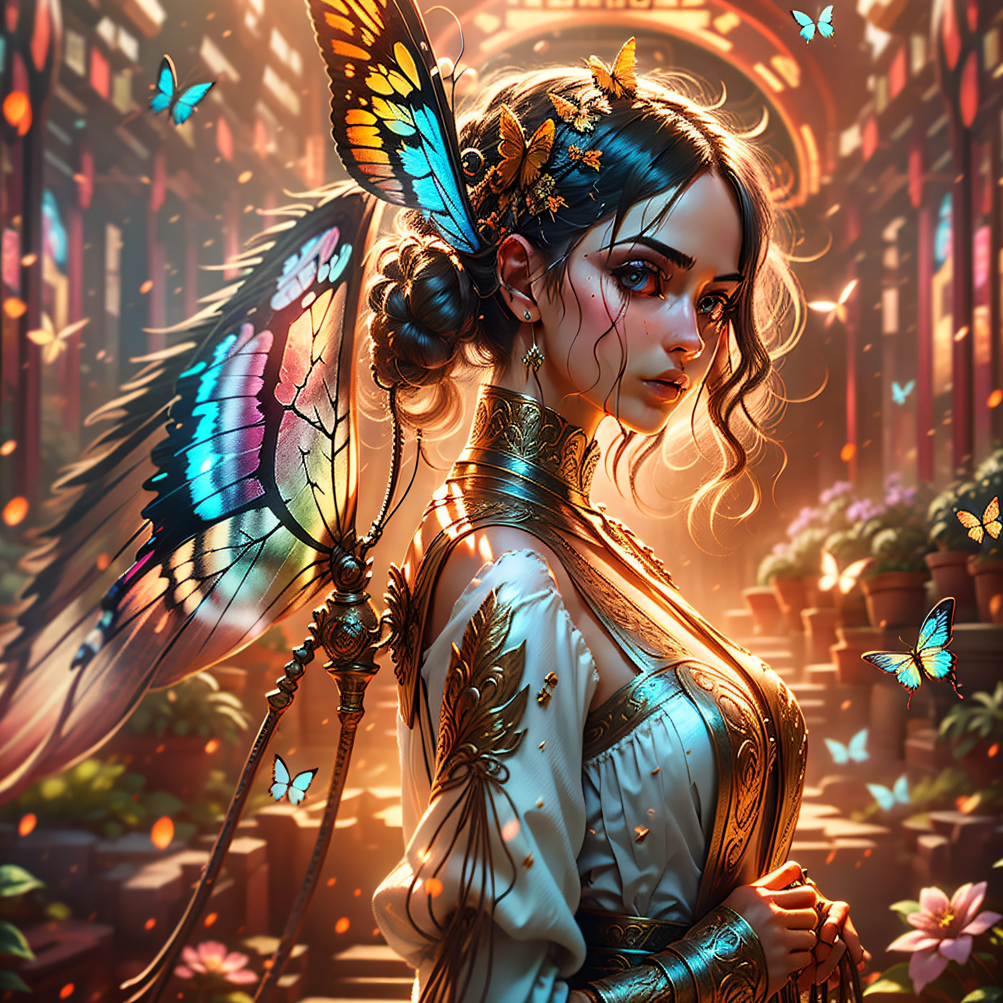 Create an engaging scene in a serene garden as a background, with rich textures. In the center of the image, a woman with delicate features, appearing fragile, is standing facing the observer, her gaze facing upwards. Its back is adorned by butterfly wings that bloom gracefully. The image resolution is 8K, providing a sharp view rich in detail. The carefully represented textures enhance the visual experience, enriching the scene. Sunlight bathes the environment, creating a bright and inspiring context. The image captures the moment when the woman embraces her transformation and finds freedom through butterfly wings.