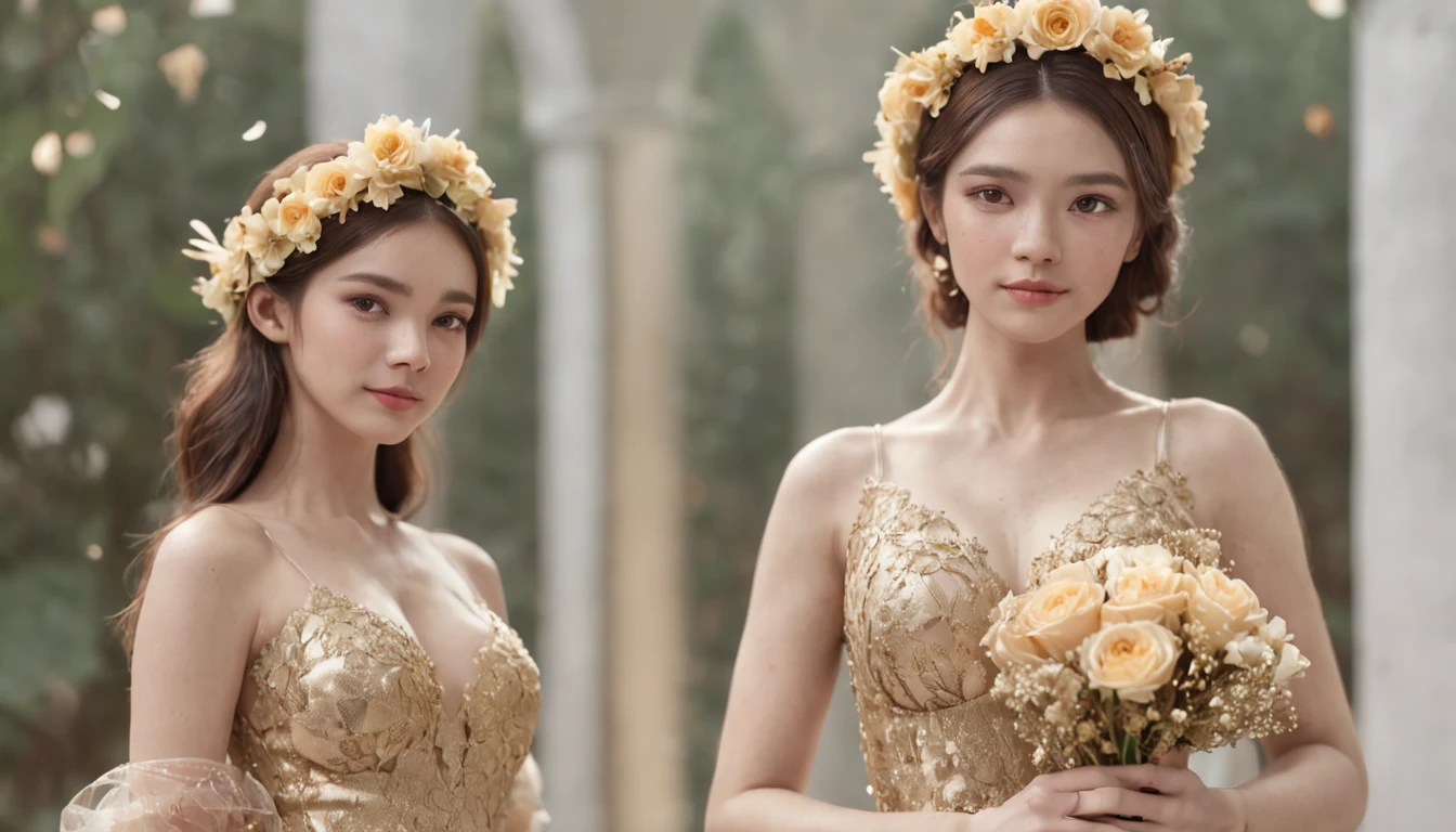 There were 2 women with flower crowns on her head.,Wearing a gold evening gown.,(Gold wedding dress,long skirt and Sneakers), (lifelike, photo-realistic: 1.37), Full-body 8K, Detailed, detailed face, (vibrant, photo-realistic, Realistic, crisp focus, 10), (Wedding dress neat and clean:1.4),(intricate:1.4), (high-detail:1.4) ,kawaii realistic portrait, 8K soft portrait shot,8k portrait render, artwork in the style of guweiz, Digital Art in Detail, hands, elbow, in Coffee Field, Full body, Holding a bouquet of flowers, crisp focus, Very delicate, beautiful.,Baby Face, CGSociety,(photorealistic portrait:1.4),(RAW photo, bestquality), Wear a hat., Glass shoes