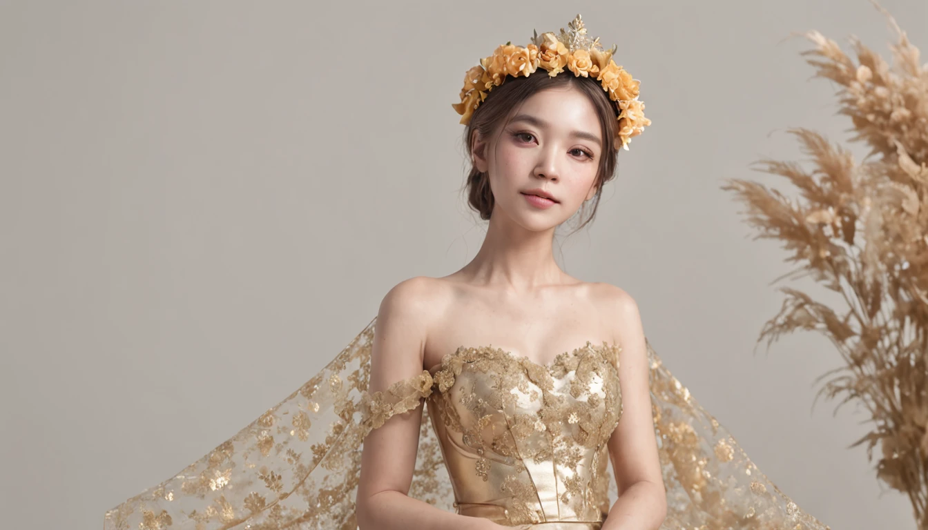 There were 2 women with flower crowns on her head.,Wearing a gold evening gown.,(Gold wedding dress,long skirt and Sneakers), (lifelike, photo-realistic: 1.37), Full-body 8K, Detailed, detailed face, (vibrant, photo-realistic, Realistic, crisp focus, 10), (Wedding dress neat and clean:1.4),(intricate:1.4), (high-detail:1.4) ,kawaii realistic portrait, 8K soft portrait shot,8k portrait render, artwork in the style of guweiz, Digital Art in Detail, hands, elbow, in Coffee Field, Full body, Holding a bouquet of flowers, crisp focus, Very delicate, beautiful.,, CGSociety,(photorealistic portrait:1.4),(RAW photo, bestquality), Wear a hat., Glass shoes