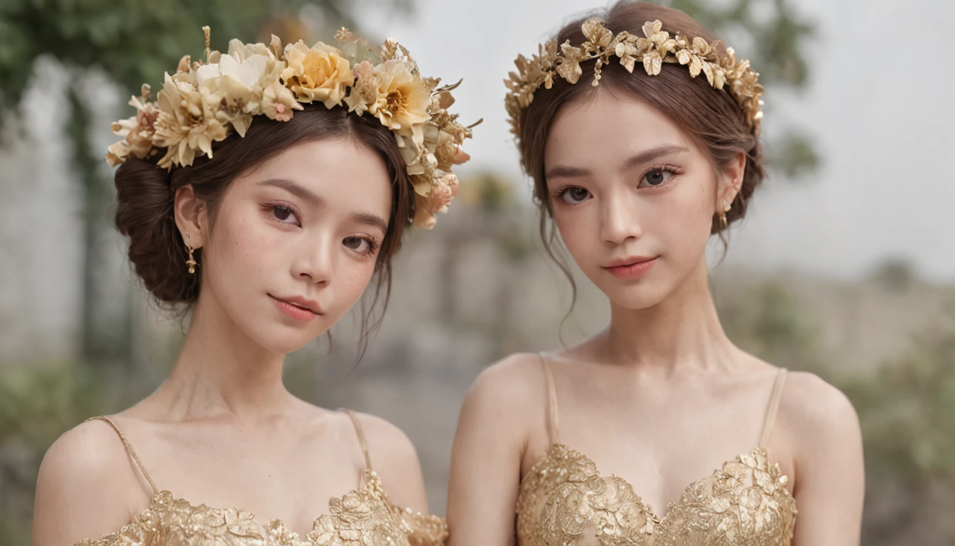 There were 2 women with flower crowns on her head.,Wearing a gold evening gown.,(Gold wedding dress,long skirt and Sneakers), (lifelike, photo-realistic: 1.37), Full-body 8K, Detailed, detailed face, (vibrant, photo-realistic, Realistic, crisp focus, 10), (Wedding dress neat and clean:1.4),(intricate:1.4), (high-detail:1.4) ,kawaii realistic portrait, 8K soft portrait shot,8k portrait render, artwork in the style of guweiz, Digital Art in Detail, hands, elbow, in Coffee Field, Full body, Holding a bouquet of flowers, crisp focus, Very delicate, beautiful.,Baby Face, CGSociety,(photorealistic portrait:1.4),(RAW photo, bestquality), Wear a hat., Glass shoes