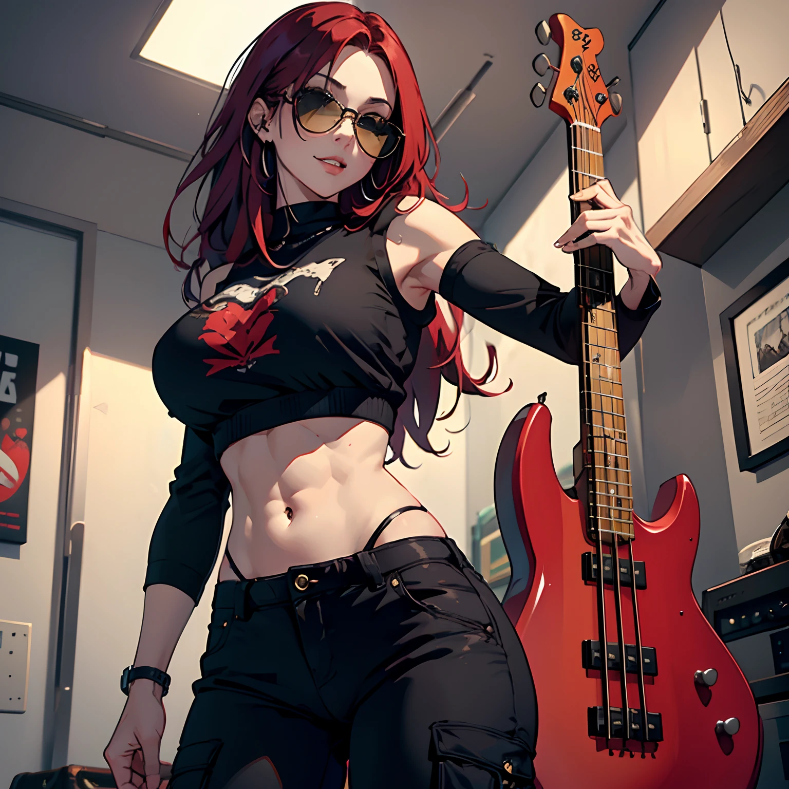 ((masterpiece)), 1girl, solo, black shirt, crop top, (sleeveless), punk, big breasts, ((milf)), ((mature woman)), indoors, club, perfect body, ((highleg panties)), (cargo pants), black pants, skindention, long hair, black hair, red inner colored hair, colored inner hair, ((bass guitar)), cowboy shot