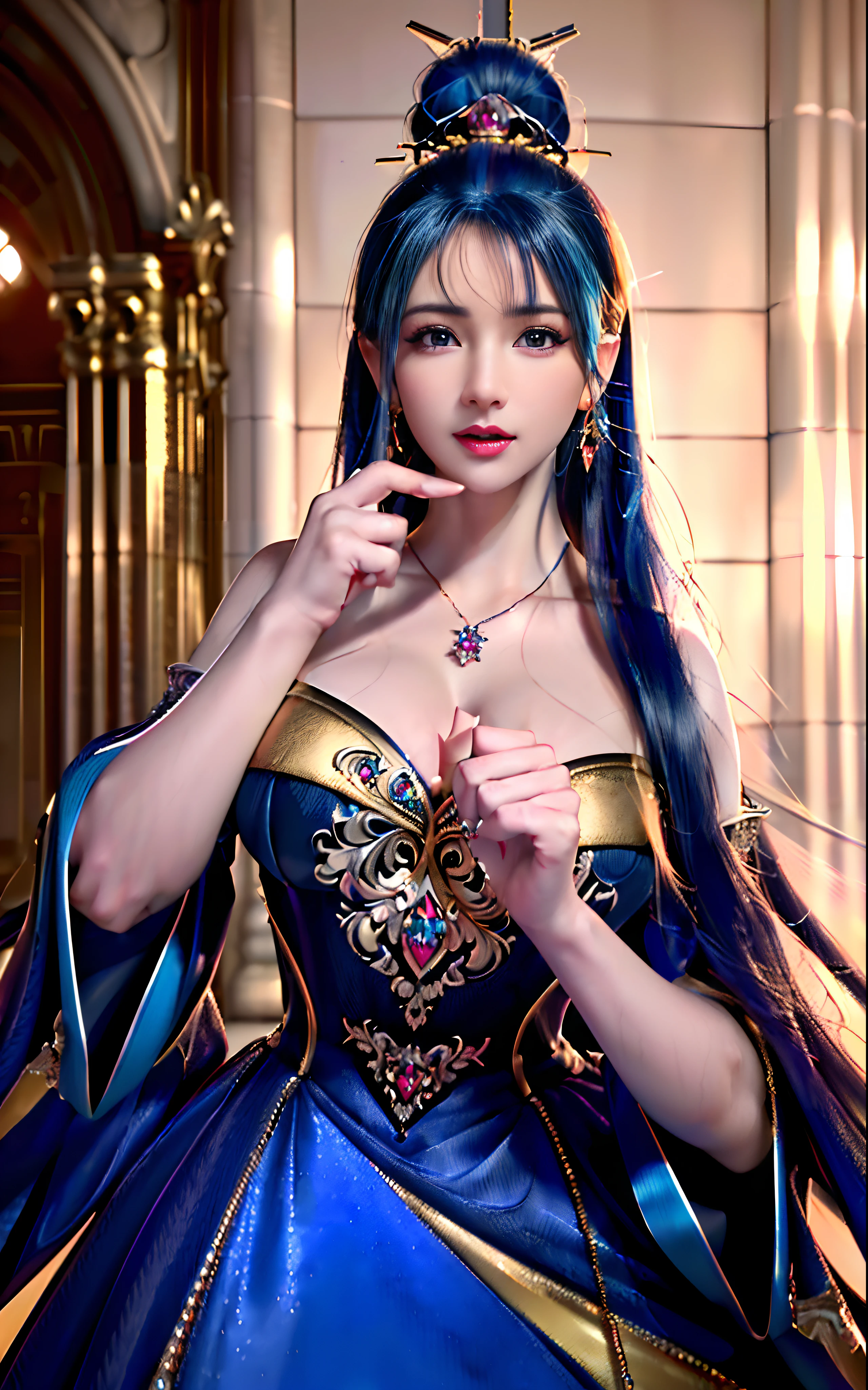 ((realisticity: 1.2)), ((realistic: 8K UHD)), ((best resolution: 8K UHD)), hyper detailed, best quality,masterpiece,highres,cg, ((1 girl hyper detailed and hyper realistic) ) , ((beautiful queen, hyper realistic and hyper detailed)),((white skin, beautiful, smooth, youthful, hyper realistic and hyper detailed )), ((Face hyper beautiful, white, hyper realistic and hyper detailed ) ), long hair, ((hyper realistic and hyper detailed dress)), solo, ((hyper realistic, hyper beautiful, beautiful and hyper detailed jewelry)), ((hyper beautiful deep red and golden yellow dress, hyper realistic and hyper detailed )) , ((Her pretty, hyper realistic, hyper detailed diamond filled earrings)), ((Her gorgeous diamond haircut, hyper realistic and hyper detailed)), ((hyper pretty upper body, hyper beautiful, hyper realistic and hyper detailed) ), ((medium breast: 1.1)), ((hyper realistic, hyper pretty, hyper detailed boobs)), ((the backgroun of the royal palace is hyper majestic, hyper realistic and hyper detailed)),((hands and palms hyper beautiful, hyper detailed, hyper realistic)), ((hyper detailed and hyper realistic fingers and fingernails)), ((hyper pretty fingernails, hyper vivid, hyper detailed, hyper realistic)), ((thumb, index finger, middle finger, ring finger, little finger hyper vivid, hyper pretty, hyper detailed, hyper realistic)),
((hyper beautiful fingers, hyper detailed, and hyper realistic)), ((posture not too fat and not too thin, hyper realistic, hyper detail)), ((hyper pretty, hyper pretty, hyper realistic and hyper detailed hair bun)), ((hyper pretty , hyper realistic and hyper detailed blue hair)), candid, Photo, high resolution, 8k , bokeh,