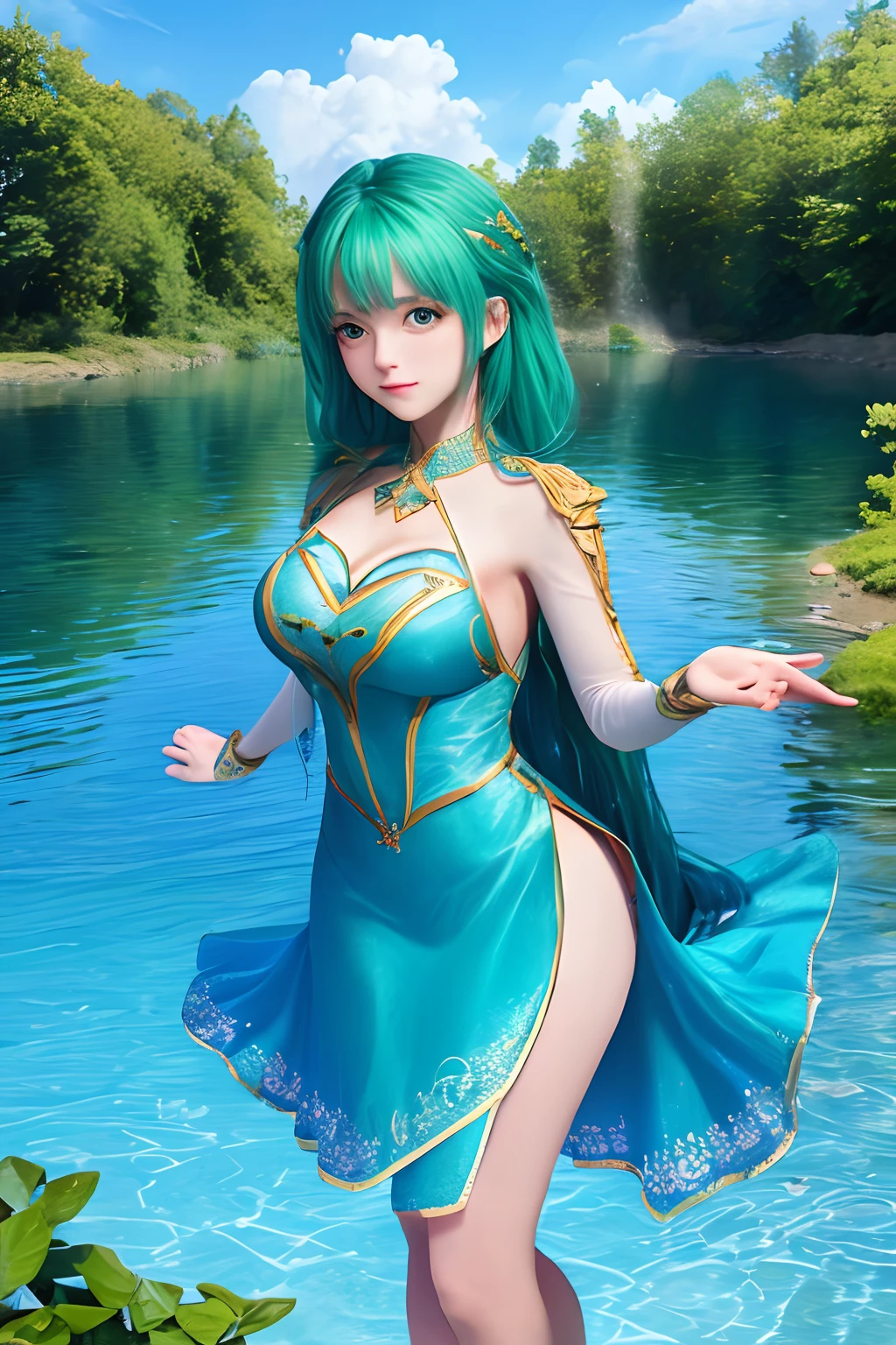 masterpiece, best quality, ultra high res, 1girl,blue themesky, water,standing on water, green dress