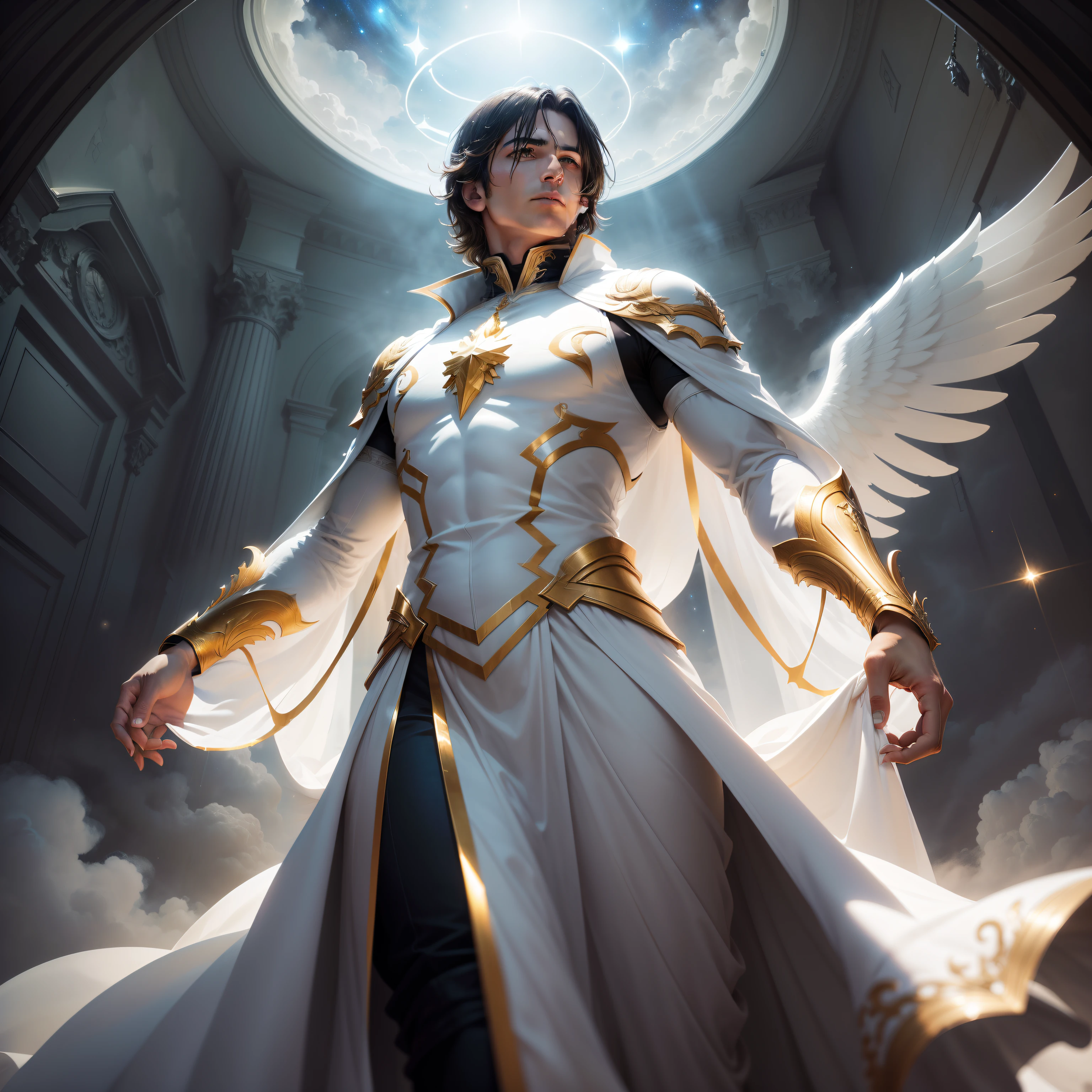 Archangel Gabriel, male figure, wrapped in a simple white gown, dark hair, looking 45 years old, (((descending from the heavens amid the clouds)))), celestial look, full-length, perfectly structured, watercolor, a 45-year-old man, golden dress bathed in starlight, lights in the air, fine fluid shapes, sublime, intricate details, headroom, made in photoshop,  dynamic scene, high detail, high-res, vivid colors, explosion of colors, composite lighting, soft shadows, good composition, well drawn, sharp, sharp focus, beautiful, home screen