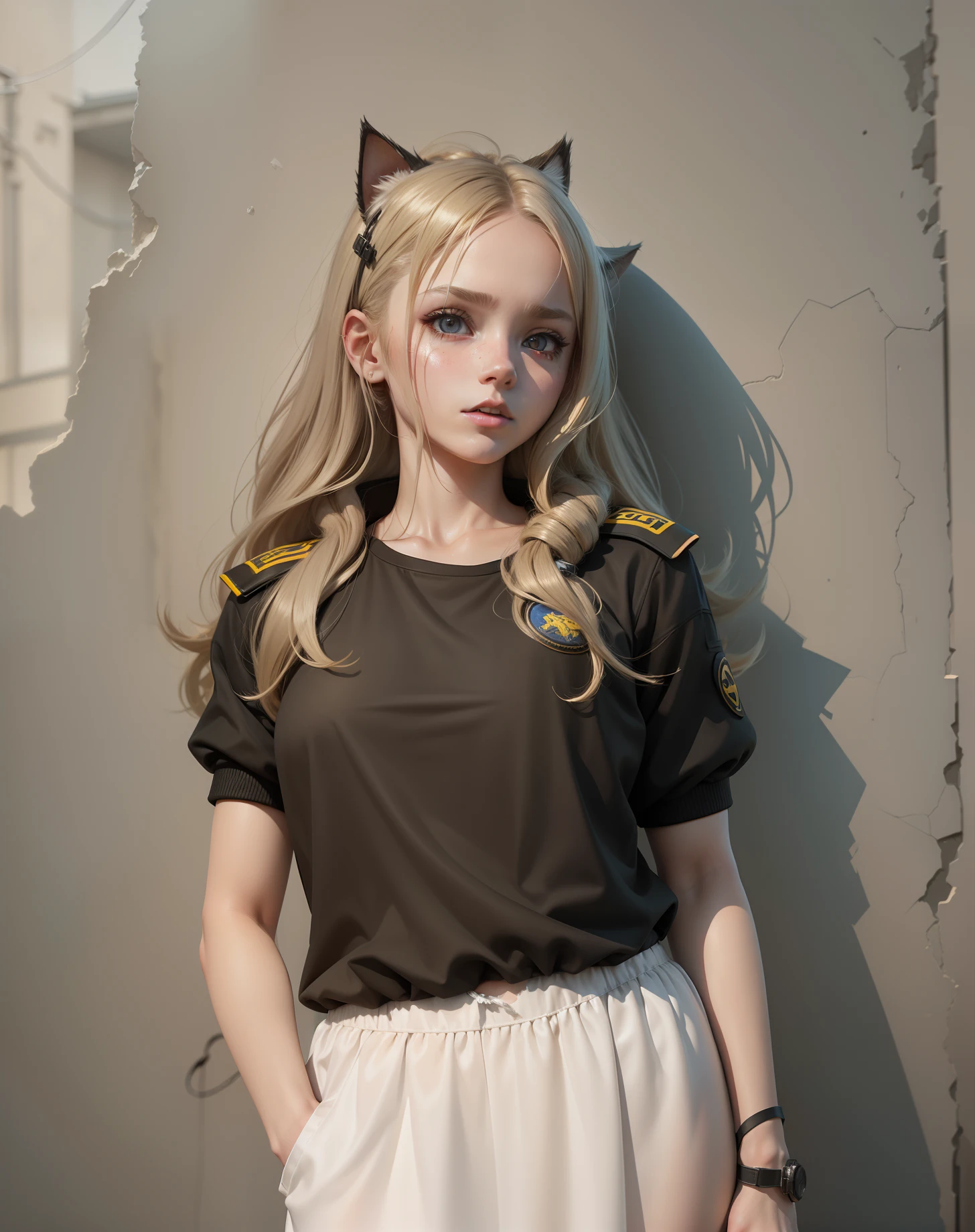 ukraine girl , ukraine anime girl , 3d , ukraine , full body composition of A young girl with messy light blond hair, eyes makeup, 11-years-old, cat ears, soft lighting, solo, dressed in a old torn dirty ragged futuristic military uniform, cat paw badge, pose, blotchy colors, Octane render, Hyperrealistic intricate detail, Cinematic, 8k resolution, 70mm, accent lighting, global illumination, full body portrait, clean detailed faces, intricate clothing, cute face, flat chest, slim waist, slim legs, small hips,lots of ,full body visible,bikini t shirt