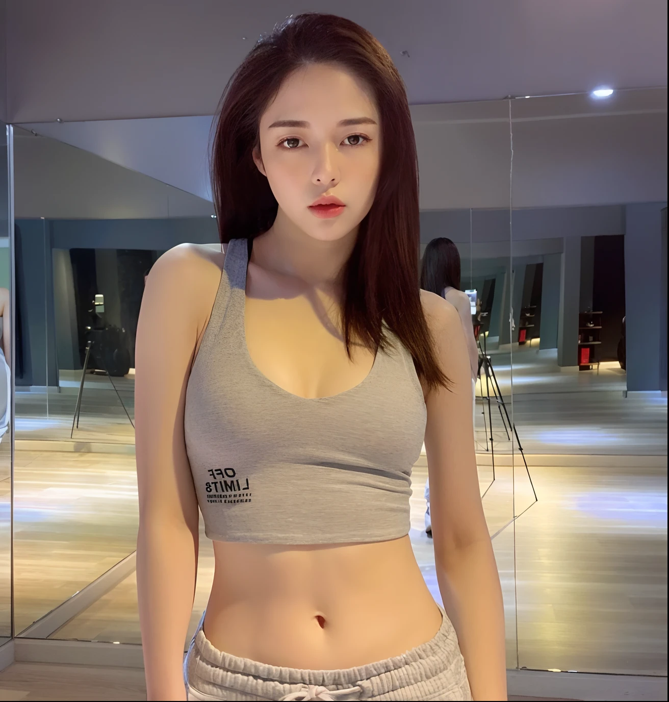 arafed woman in a grey top and grey pants posing for a picture, photo of slim girl model, photo of slim girl, sport bra and shirt, gorgeous young korean woman, sport bra, sports bra, beautiful south korean woman, open v chest clothes, sport bra and shorts, good young girl, wearing a low cut tanktop, 2 4 year old female model