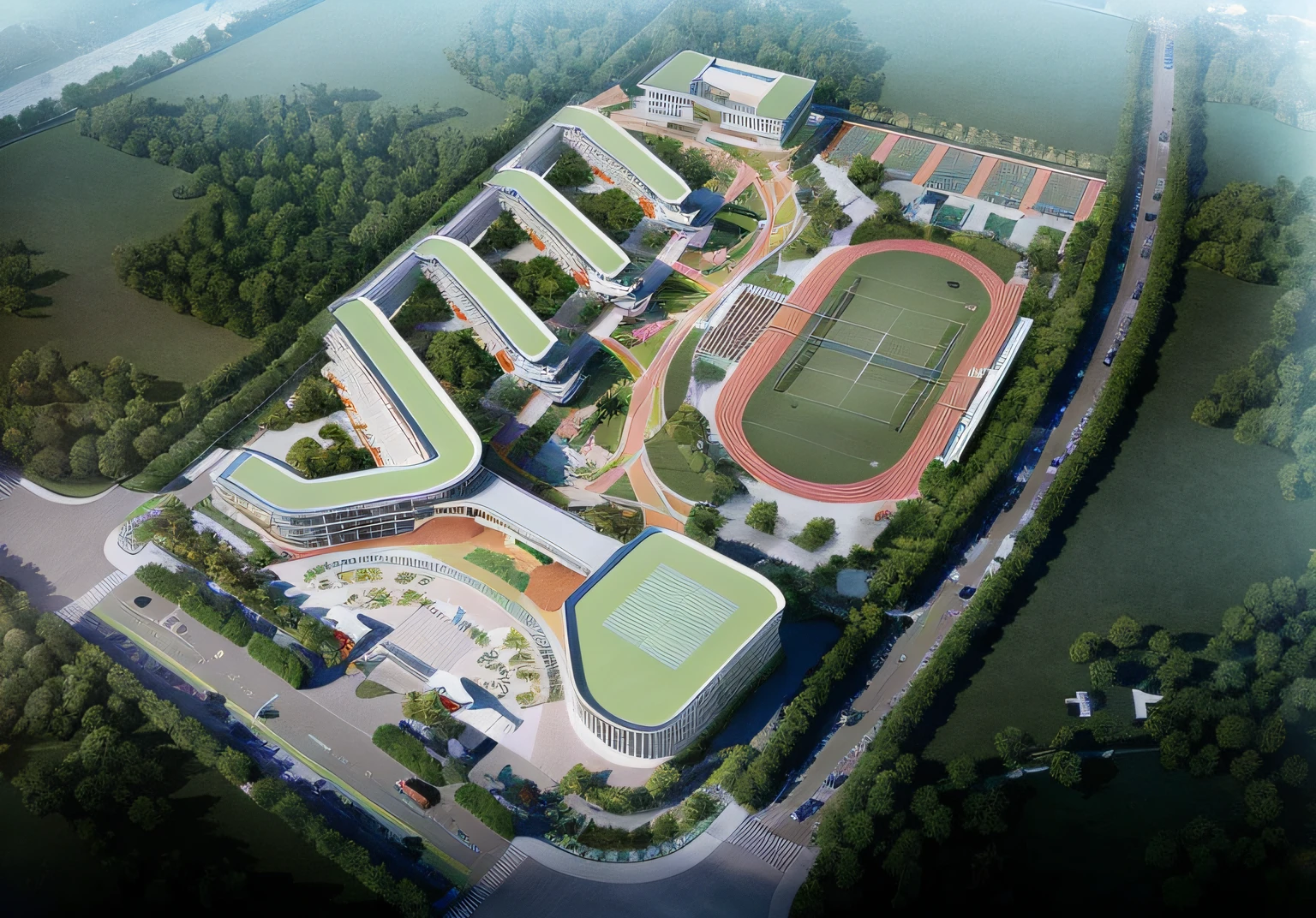 Aerial view of tennis courts and tennis courts surrounded by trees, magnificent design, by Ni Yuanlu, author：Chass is silent, very elegant & complex, author：Yi Zaiwan, long shot view, nanquan, Japan High School, a digital rendering, highly rendered!!, slick design, bird's eyes view, bird's eyes view, Beautiful composition