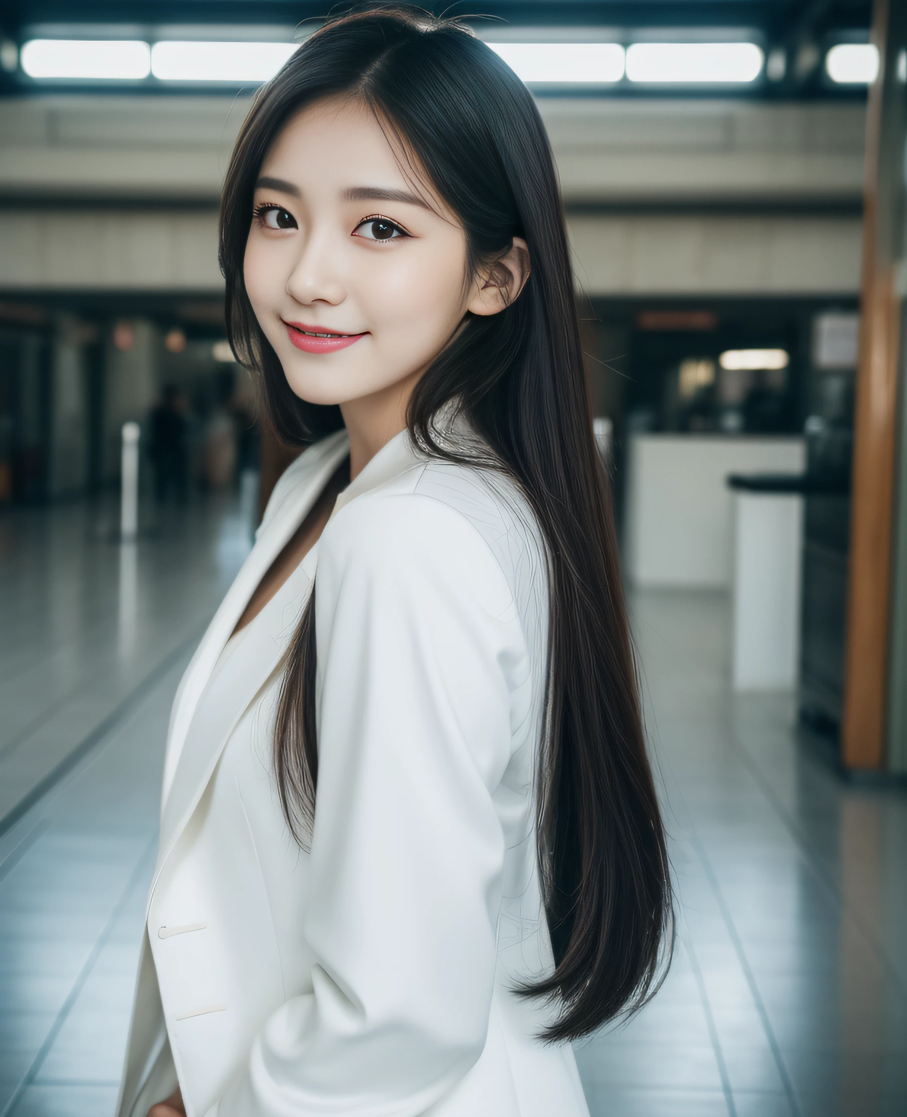 ((best quality, 8K, masterpiece: 1.3)), beautiful girl, pure, melon face, kind and cute, sweet smile, pure desire, slender body, (front), (tilted head), ((looking at camera) ) , wearing a white suit, long black silky hair, long flowing shoulders, round black big eyes, clear big eyes, moist red lips, sweet, standing, train station background, (((whole body ))),