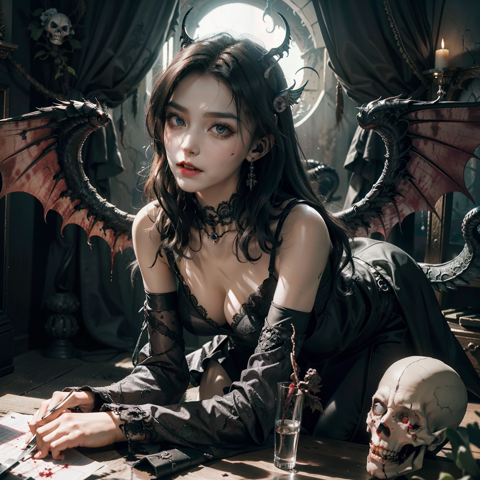 Fine matte paint,Skeleton Dark Angel, Haunted castle with large wings, Fill the drawing table with a knife,terroral,uncanny,horrid,secret terror,tentaculata,grape trees,The eye,uncanny valley effect teeth,all fours,Critters,Blood Moon,Sharp fangs,vampire tooth,Blood