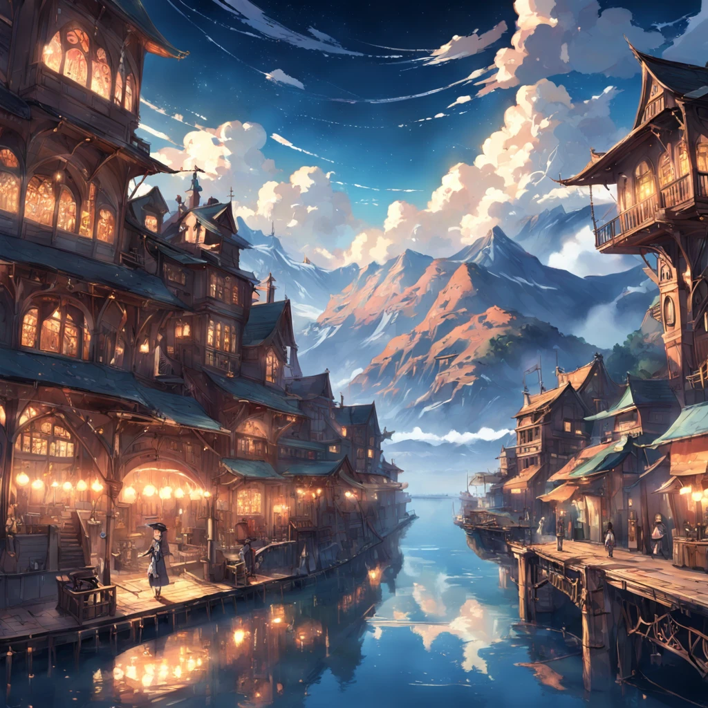 mountainous、by lake、Large space、high sky、suns、radiant light、Machine City、Steampunk element、Victorian city atmosphere、Clear lake、bucolic、