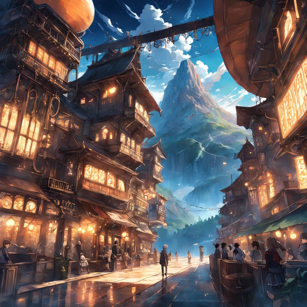mountainous、by lake、Large space、high sky、suns、radiant light、Machine City、Steampunk element、Victorian city atmosphere、Clear lake、bucolic、