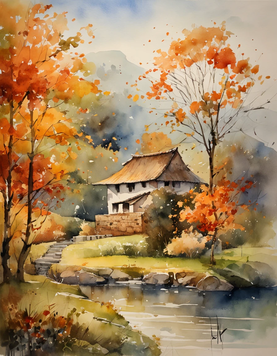 Impresionismo,Color palette style,iso-distance view,k hd,high detal,Qiao's compound,autumnal,shot with a 50mm lens, Depth of field, Tilt Blur, Shutter speed 1/1000, f/22. Lightmaps, Super bright