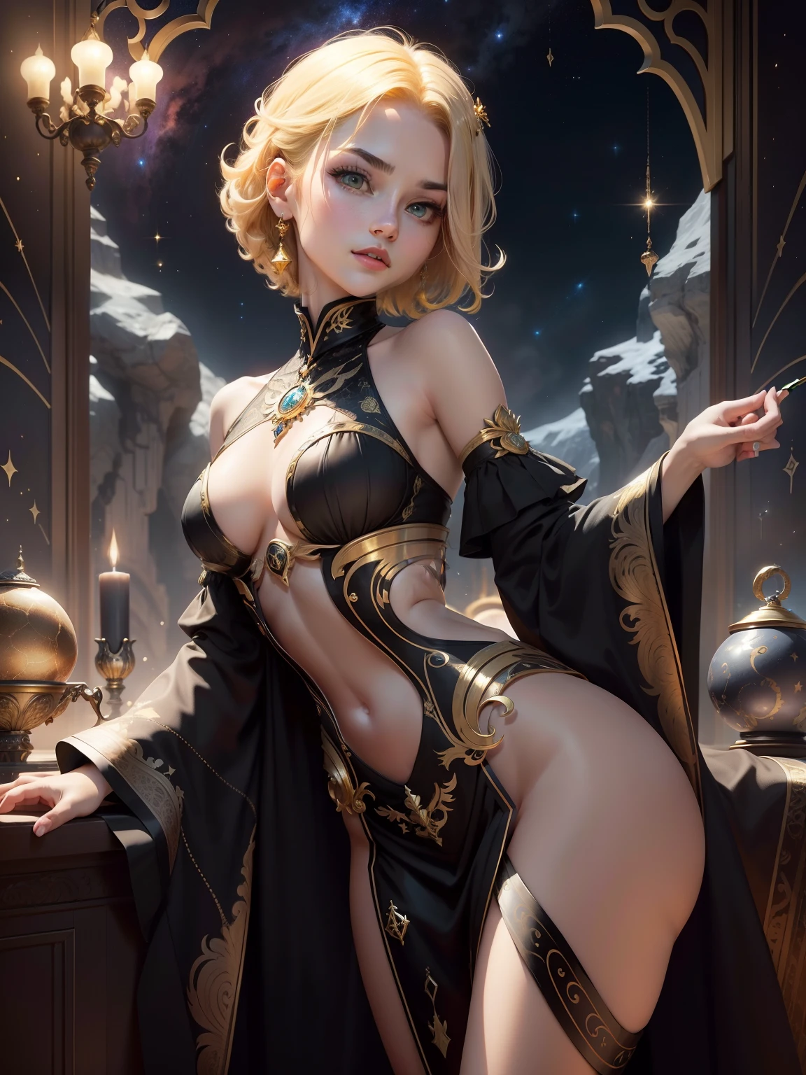realisticlying,(tmasterpiece,top Quority,best qualtiy,offcial art,Beauty and aesthetics:1.2),The is very detailed,s fractal art,extremely colorful,Most detailed,Scorpio,(abstract backgrounds:1.5)(1girl:1.3),(Cat Class) ,Yellow-haired,Eyes,earnestly,Comb back,short detailed hair,,galactic,Giant magic black gold Scorpio astrolabe,dream magical,dream magical,Black and gold trim,beautiful detailed sky,The style and decoration of the Scorpio goddess,(nsfw:0.8)Delicate reflective high glass guardrail panel,dynamicposes
