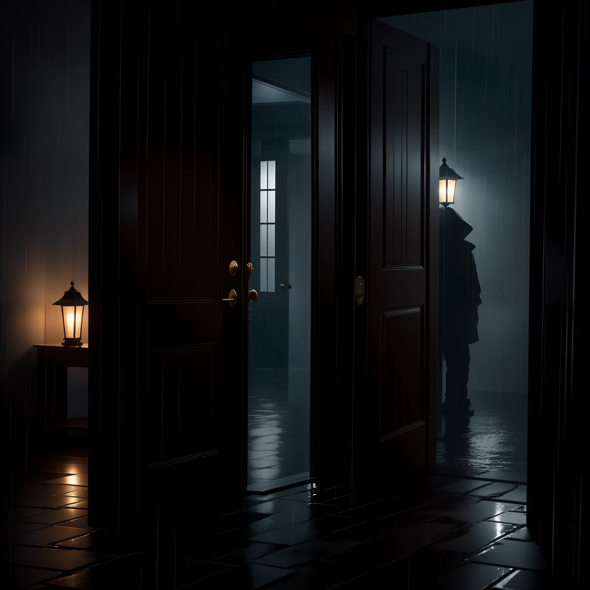 A dark and stormy night. A lone figure stands in the doorway, their face hidden by the pouring rain.