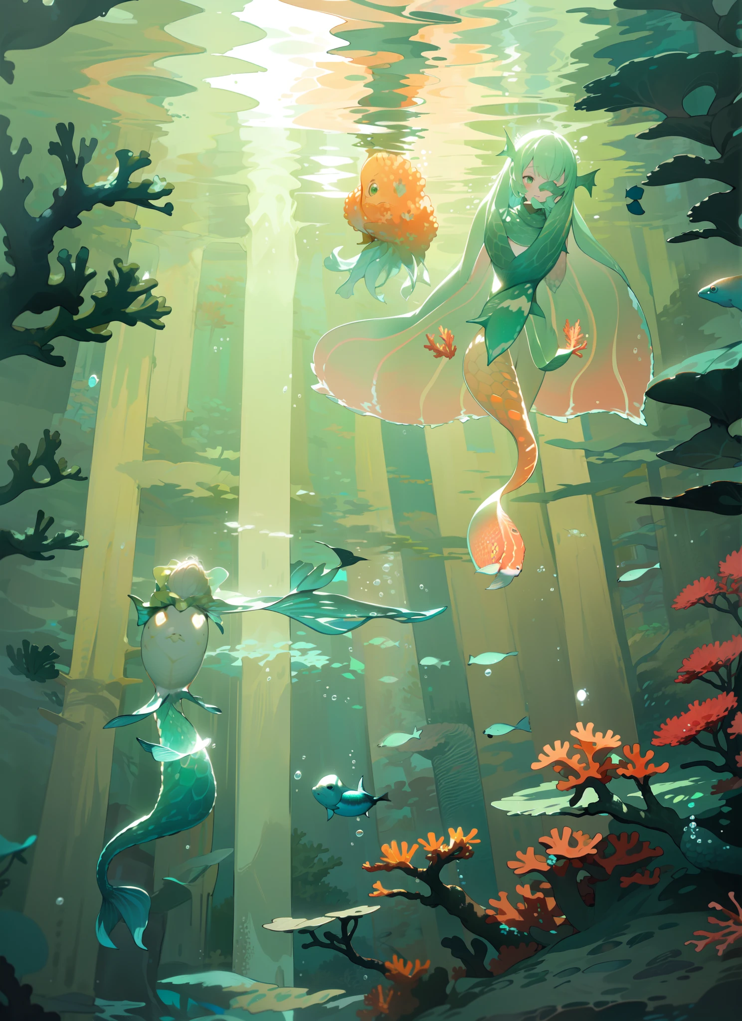 ((Underwater)),(beautiful detailed water),((coral)),Dynamic Angle, Floating,(Detailed light),Floating hair,(Splash),((The fish)),leaf dress, feater, Nature,(Sunlight),(underwater forest),(full bloom),(detailed glow),Drenched, seaweed, Fish,(((Tyndall effect))),mermaid,Octopus,Become a cute ,anthropomorphic turtle
