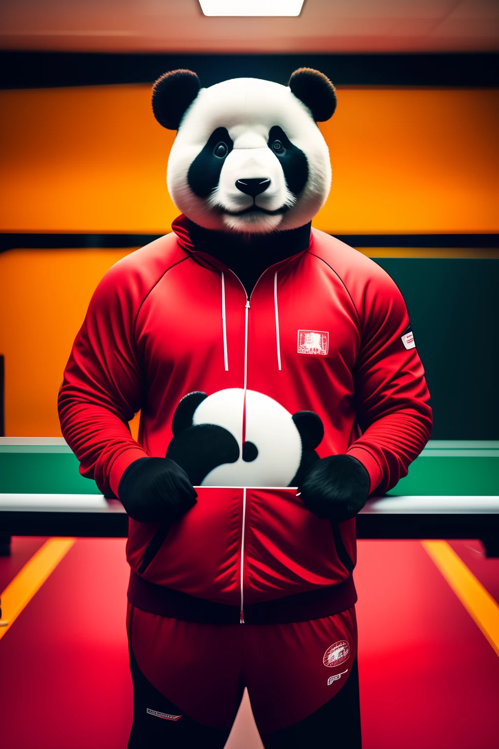 Panda Man,Wearing red tracksuits,standing at(Table tennis table)opposite side,The background is a playground