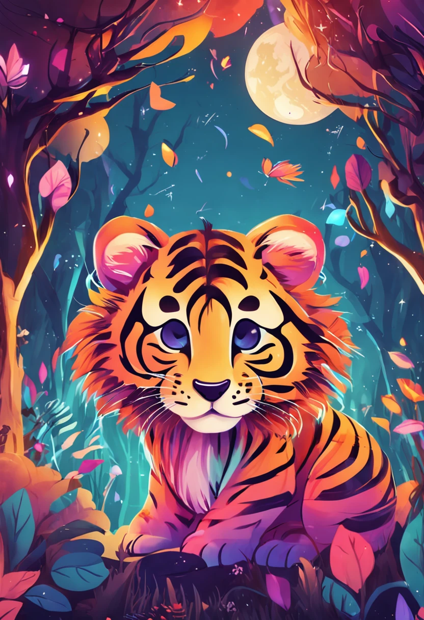 Create for me a tiger cub with colorful magical effects circling it, he's in a magical forest, o filhote de tigre tem detalhes coloridos