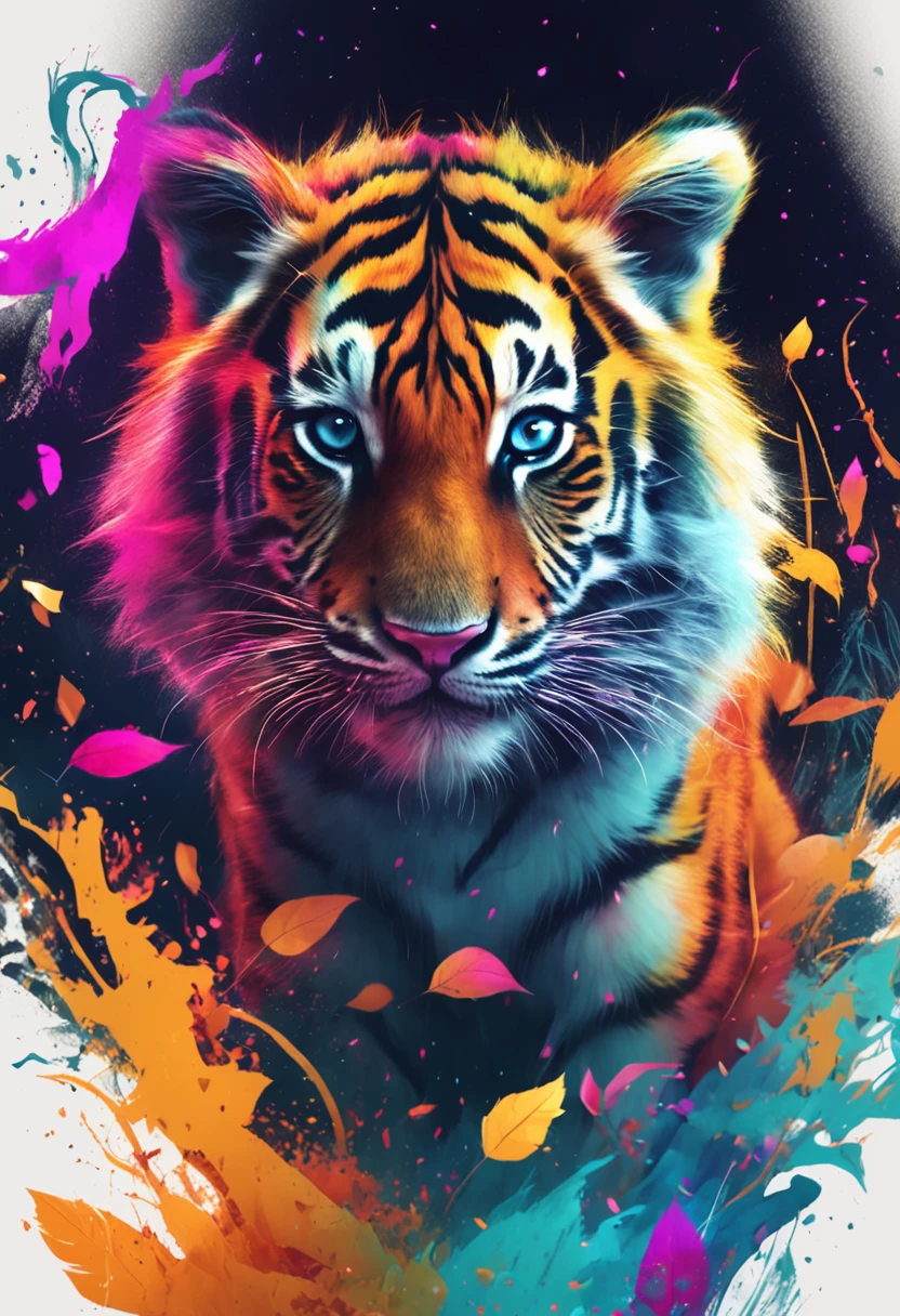 Create for me a tiger cub with colorful magical effects circling it, he's in a magical forest, o filhote de tigre tem detalhes coloridos