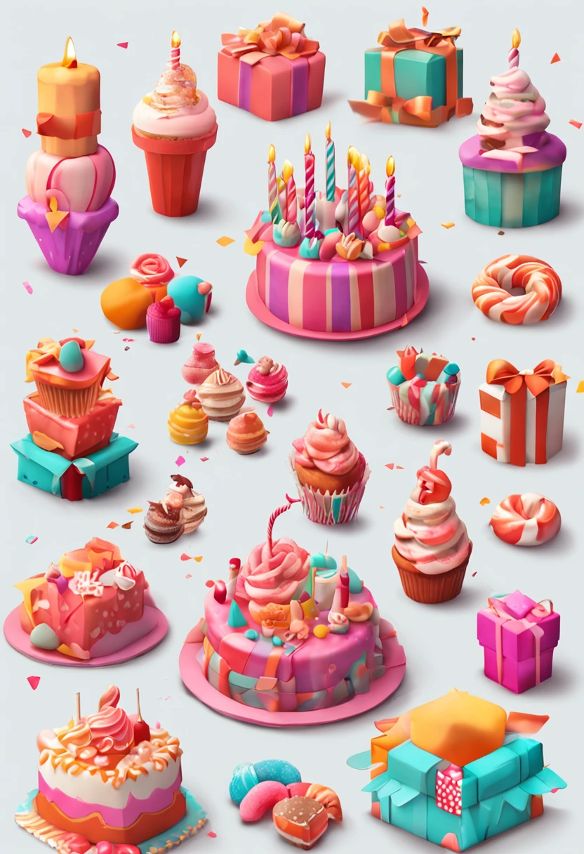 3d vector set of birthday icons in the style of atey ghailan, mixes realisitic and fantastical elements, candy core realistic and hyper-detailed renderings, low poly, soft muted color palette, watercolor  isolate on white