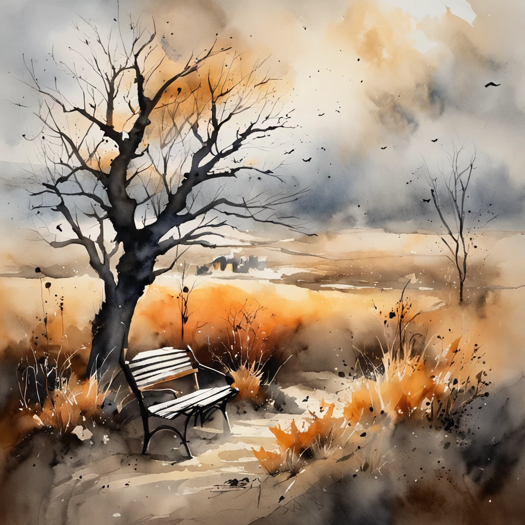 a lonely man sitting on a bench in the park leaves of dried trees fallen to the ground, Uma sombra em Forma de andador, Noite estrelada, Thick fog on the ground, Luz azul no horizonte, Motor Unreal 5, cinemactic, Low-angle photography, motion blur, proFundidade de campo, dust, Cobblestones and dirt. arte splash, pingando tinta. Perfect color classification. inFluenciado por karel Appel e jeremy mann, Full of dramatic and threatening scenes, hiper-detalhado, Beautiful, detalhes insanos, detalhes intrincados, FotograFia Editorial, FotograFado com uma lente de 50mm, proFundidade de campo, Tilt Blur, Velocidade do obturador 1/1000, F/22. Mapas de luz, super brilhante